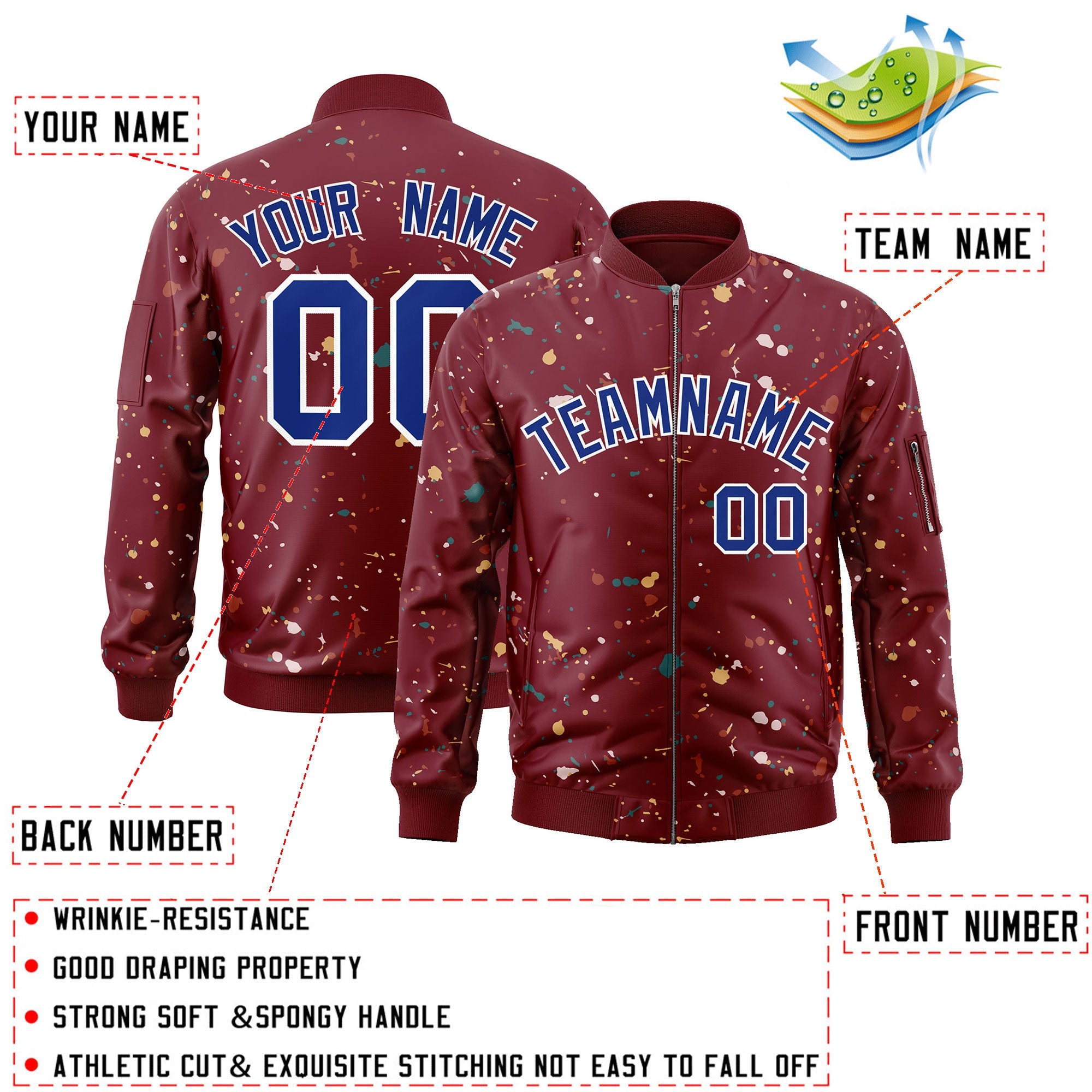 Custom Crimson Royal Varsity Full-Zip Splash Graffiti Pattern Letterman Jacket