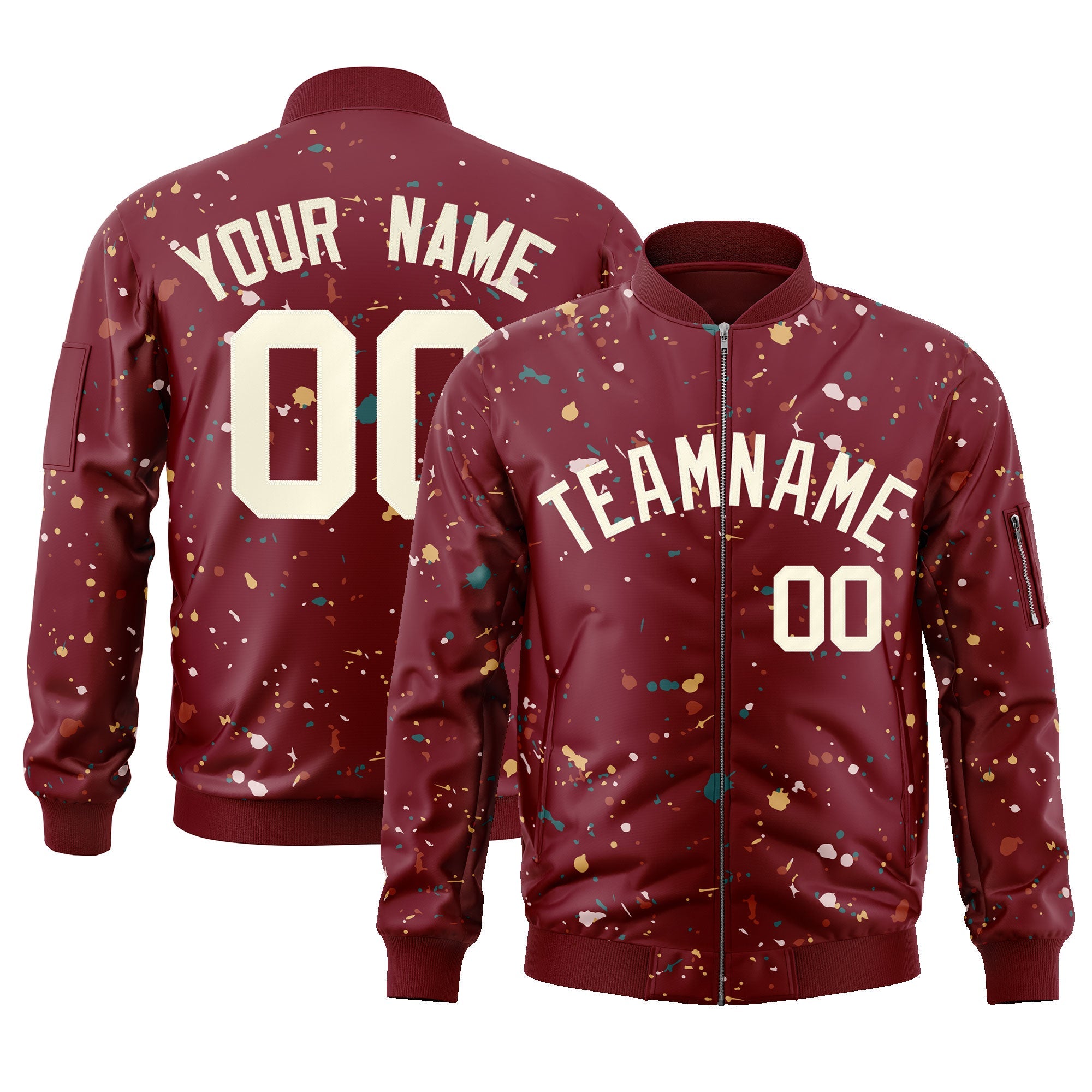 Custom Crimson Cream Varsity Full-Zip Splash Graffiti Pattern Letterman Jacket