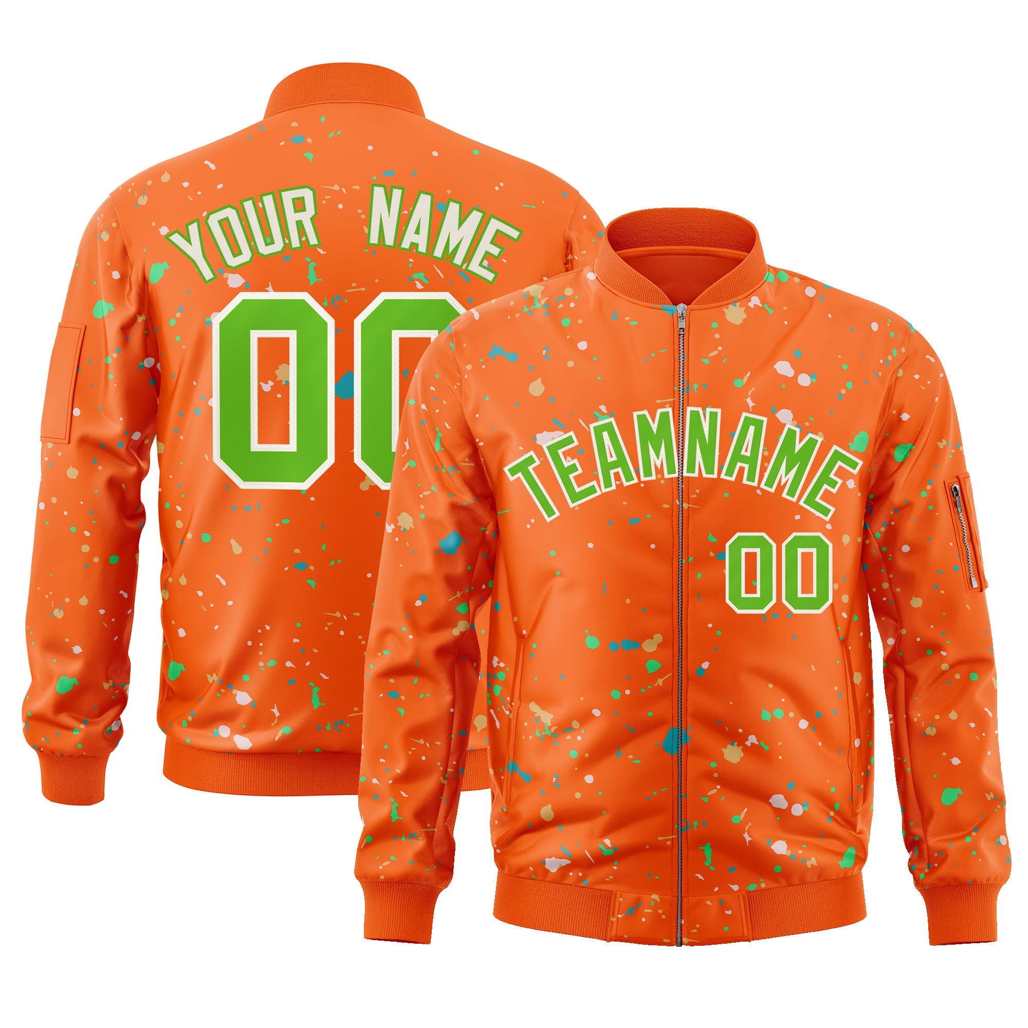 Custom Orange Neon Green-White Varsity Full-Zip Splash Graffiti Pattern Letterman Jacket