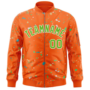 Custom Orange Neon Green-White Varsity Full-Zip Splash Graffiti Pattern Letterman Jacket