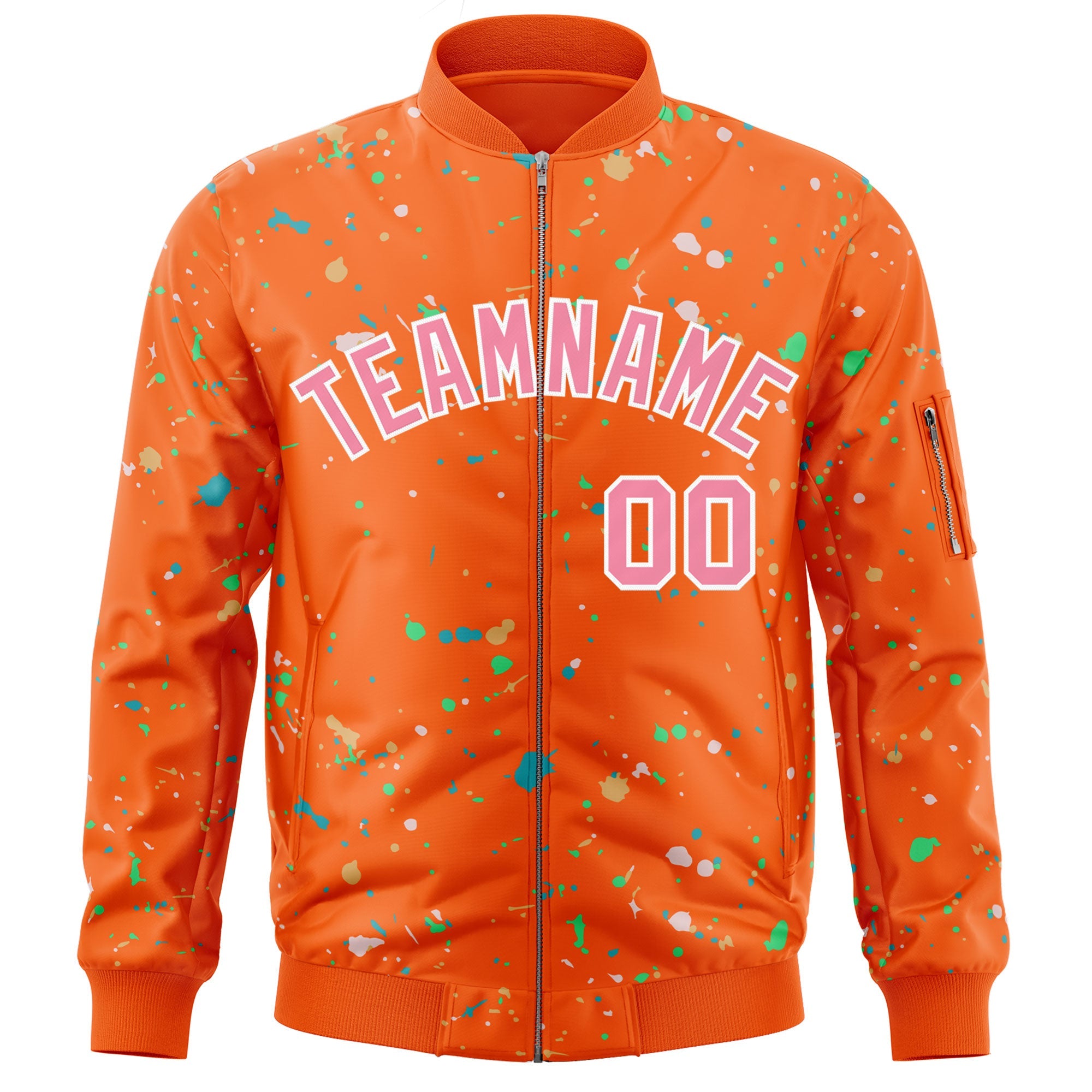 Custom Orange Pink-White Varsity Full-Zip Splash Graffiti Pattern Letterman Jacket