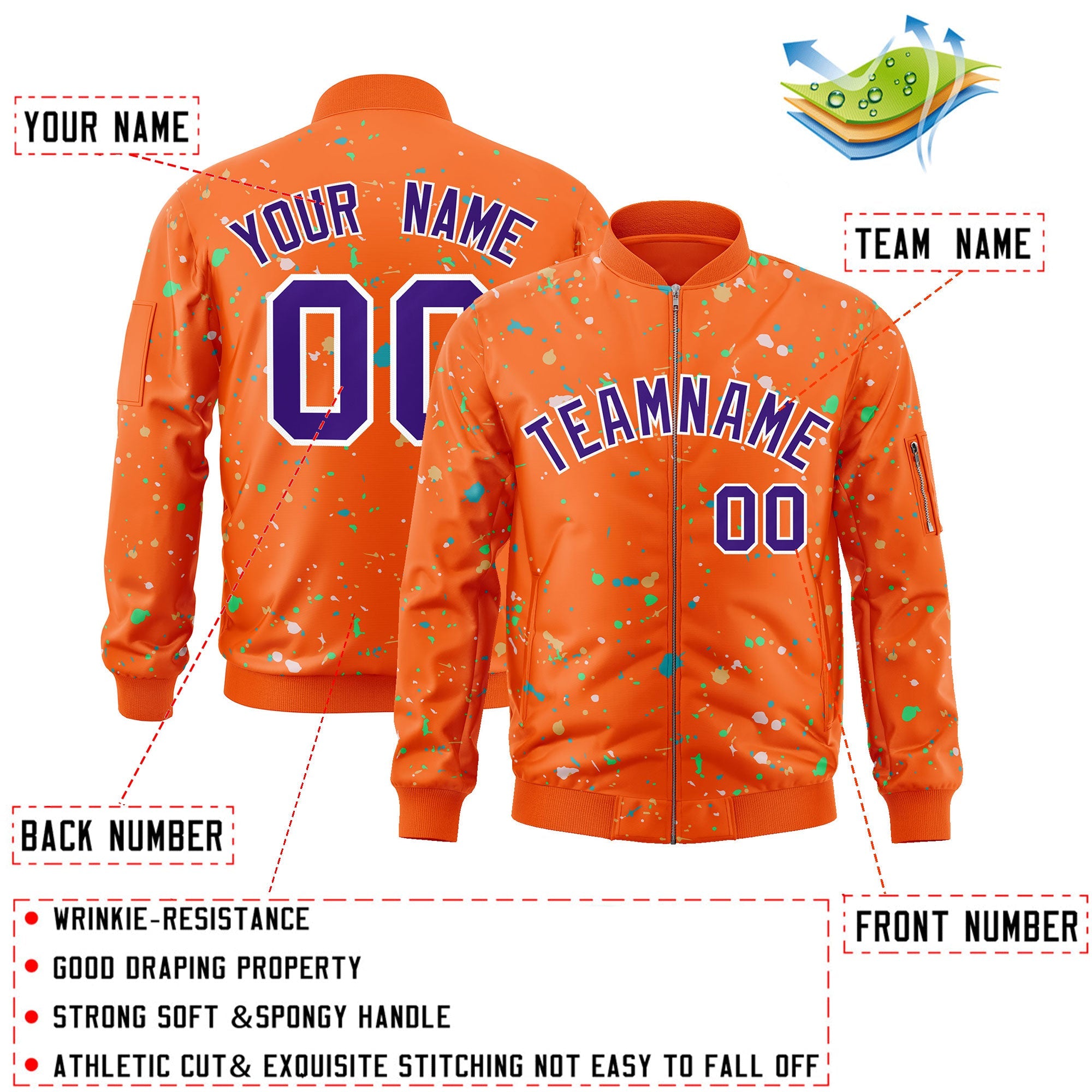 Custom Orange Purple-White Varsity Full-Zip Splash Graffiti Pattern Letterman Jacket