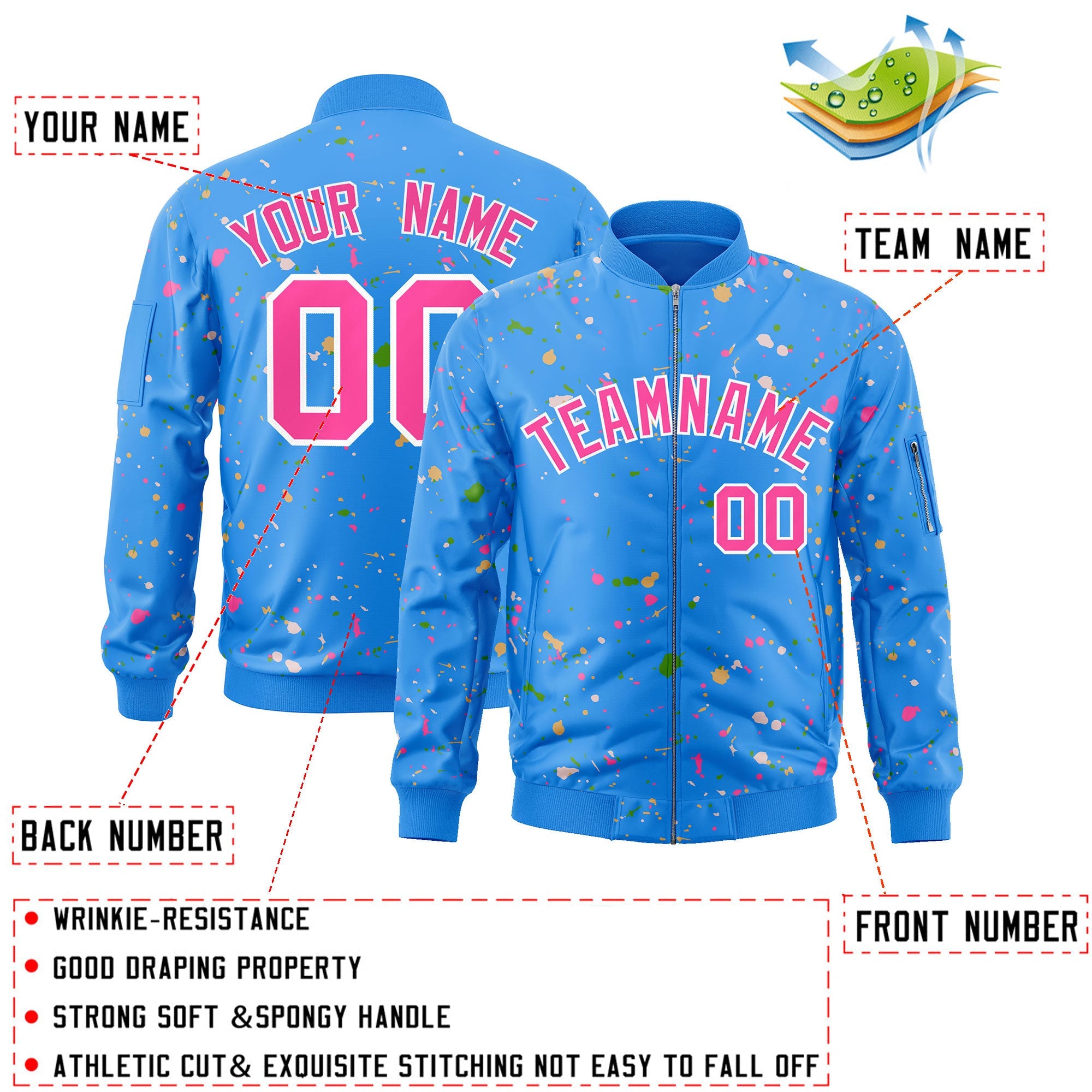 Custom Powder Blue Pink-White Varsity Full-Zip Splash Graffiti Pattern Letterman Jacket