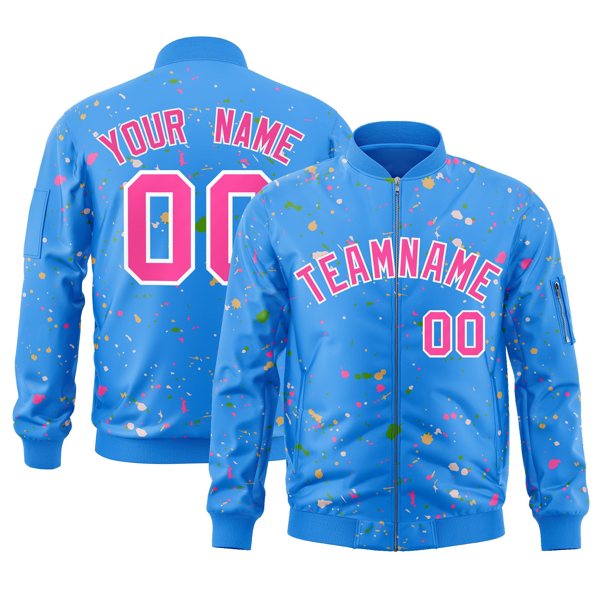 Custom Powder Blue Pink-White Varsity Full-Zip Splash Graffiti Pattern Letterman Jacket