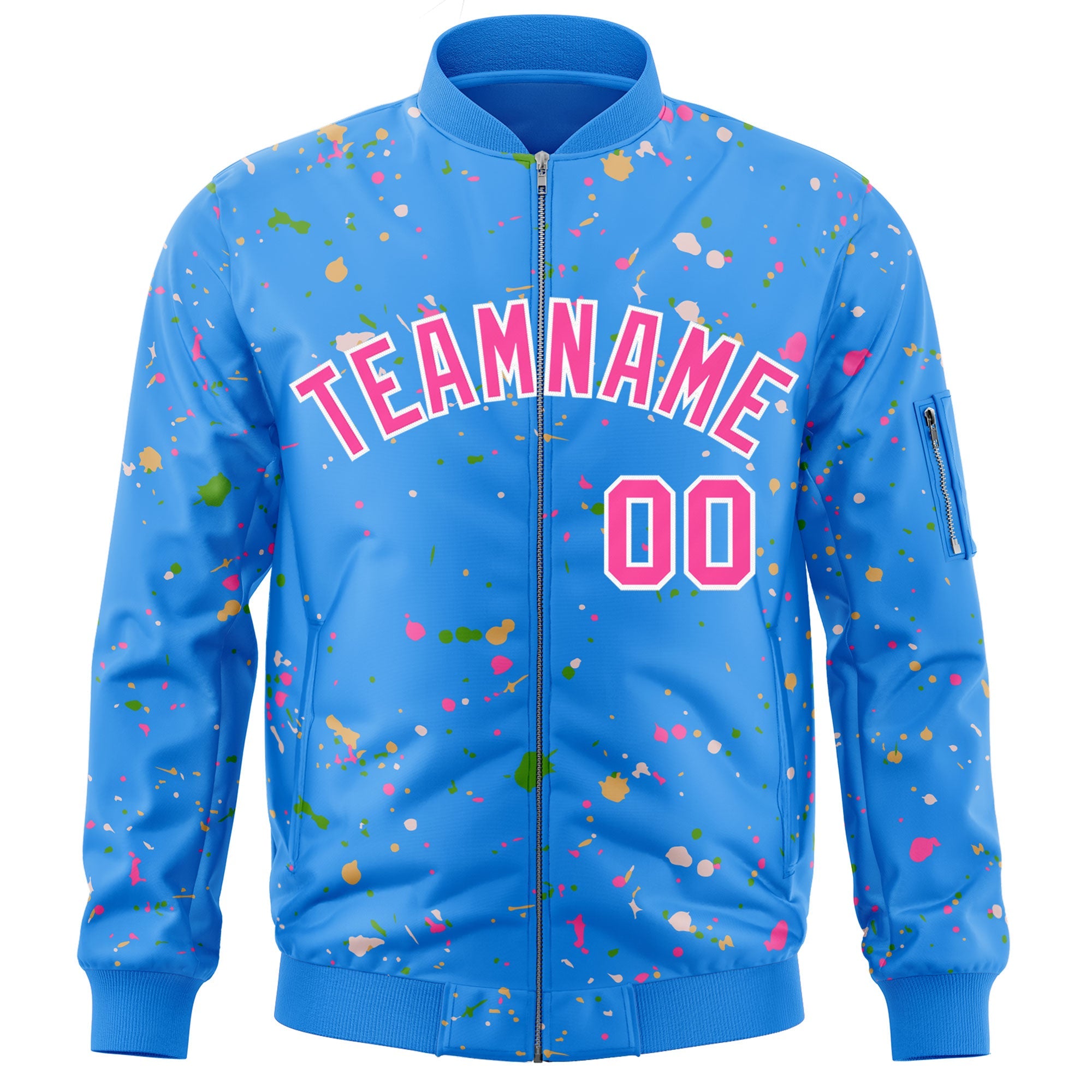 Custom Powder Blue Pink-White Varsity Full-Zip Splash Graffiti Pattern Letterman Jacket