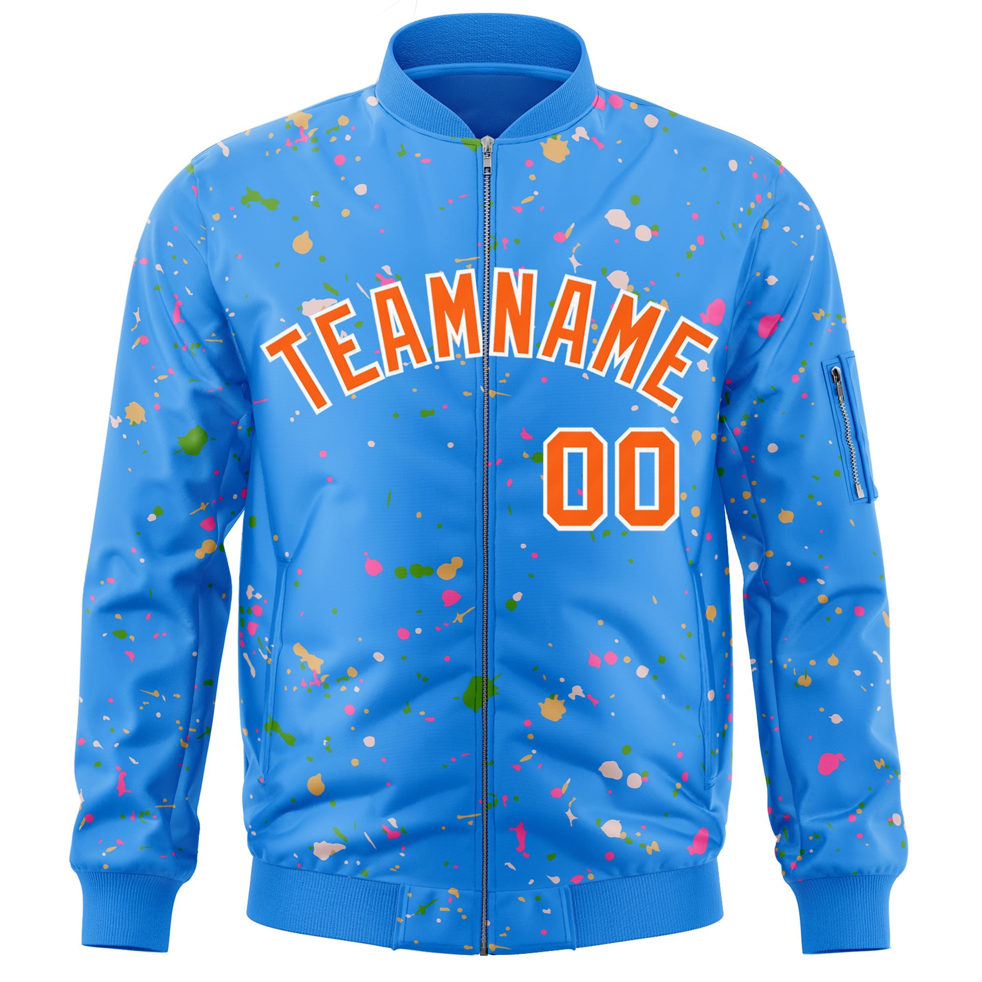 Custom Powder Blue Orange-White Varsity Full-Zip Splash Graffiti Pattern Letterman Jacket