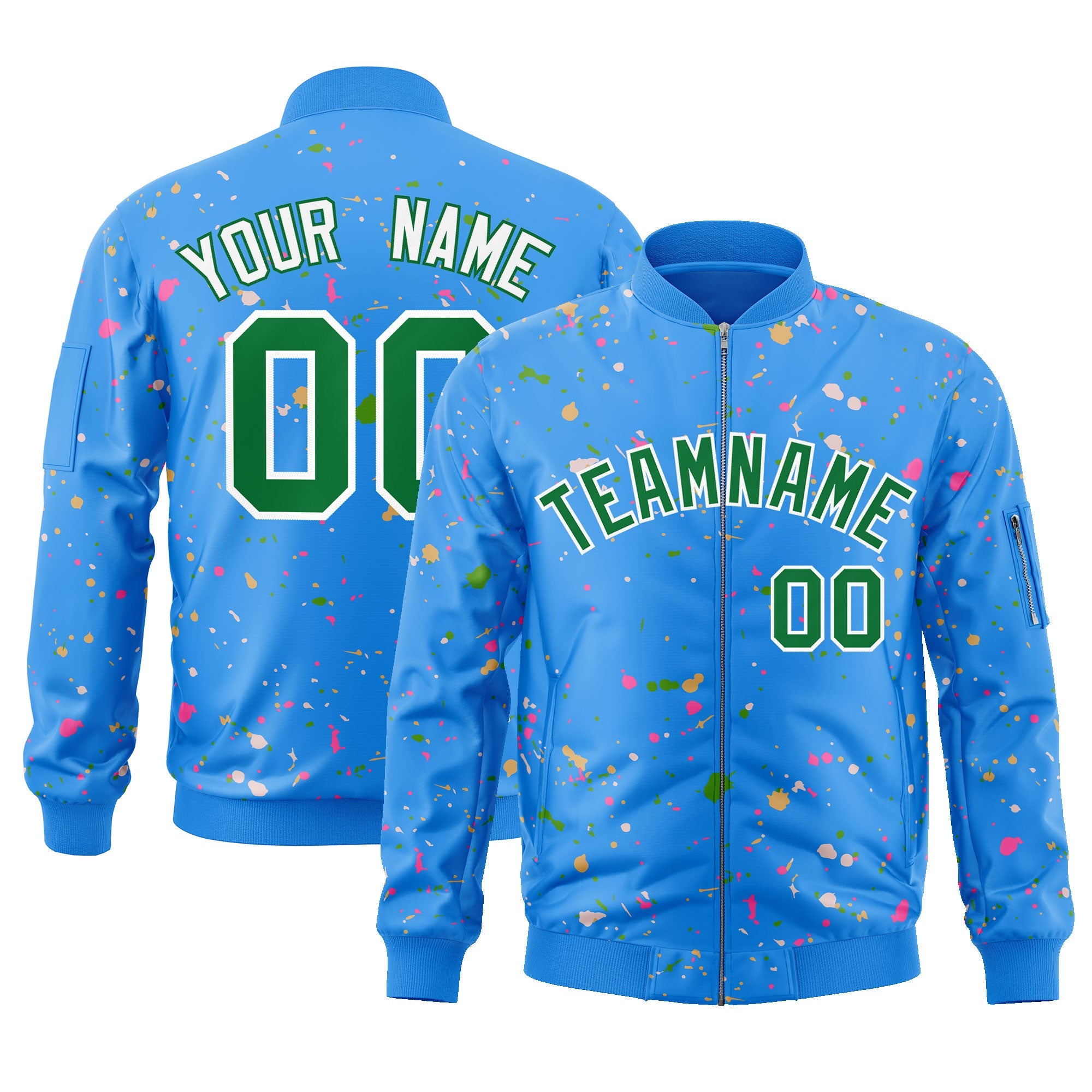 Custom Powder Blue Kelly Green-White Varsity Full-Zip Splash Graffiti Pattern Letterman Jacket