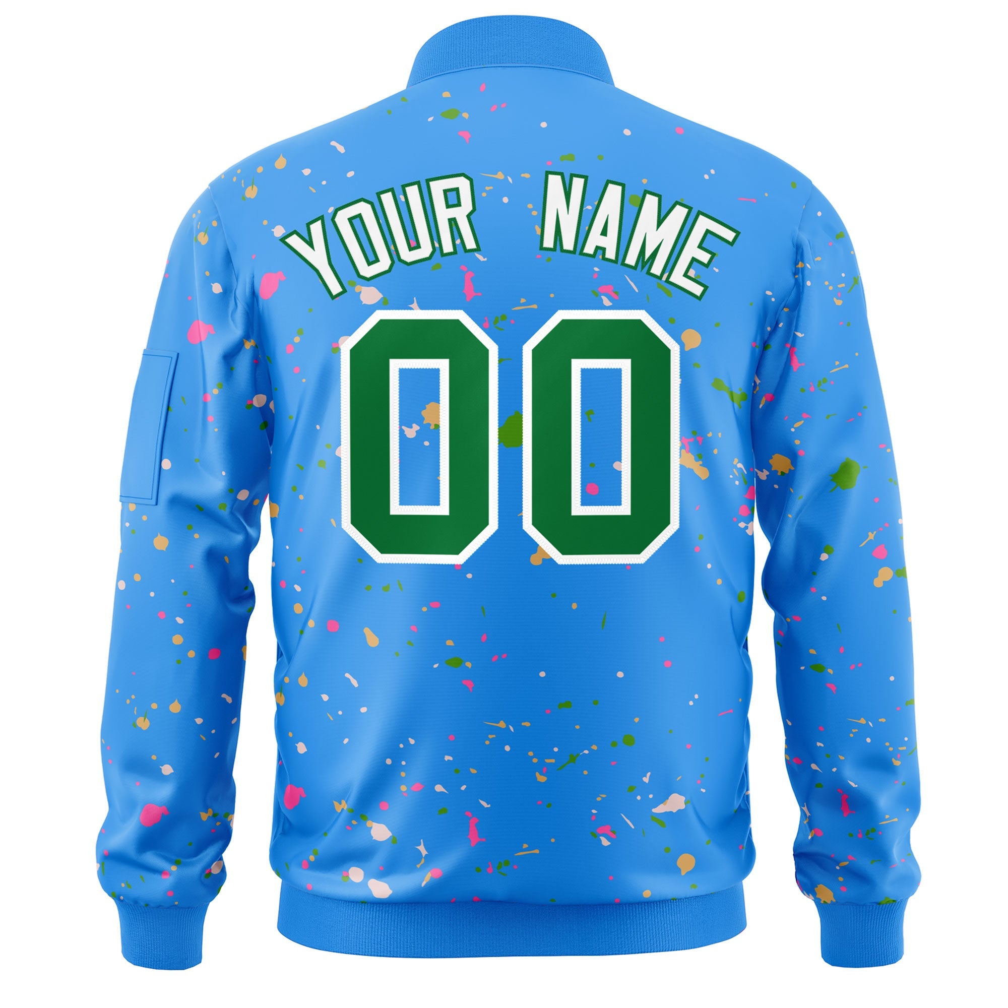 Custom Powder Blue Kelly Green-White Varsity Full-Zip Splash Graffiti Pattern Letterman Jacket