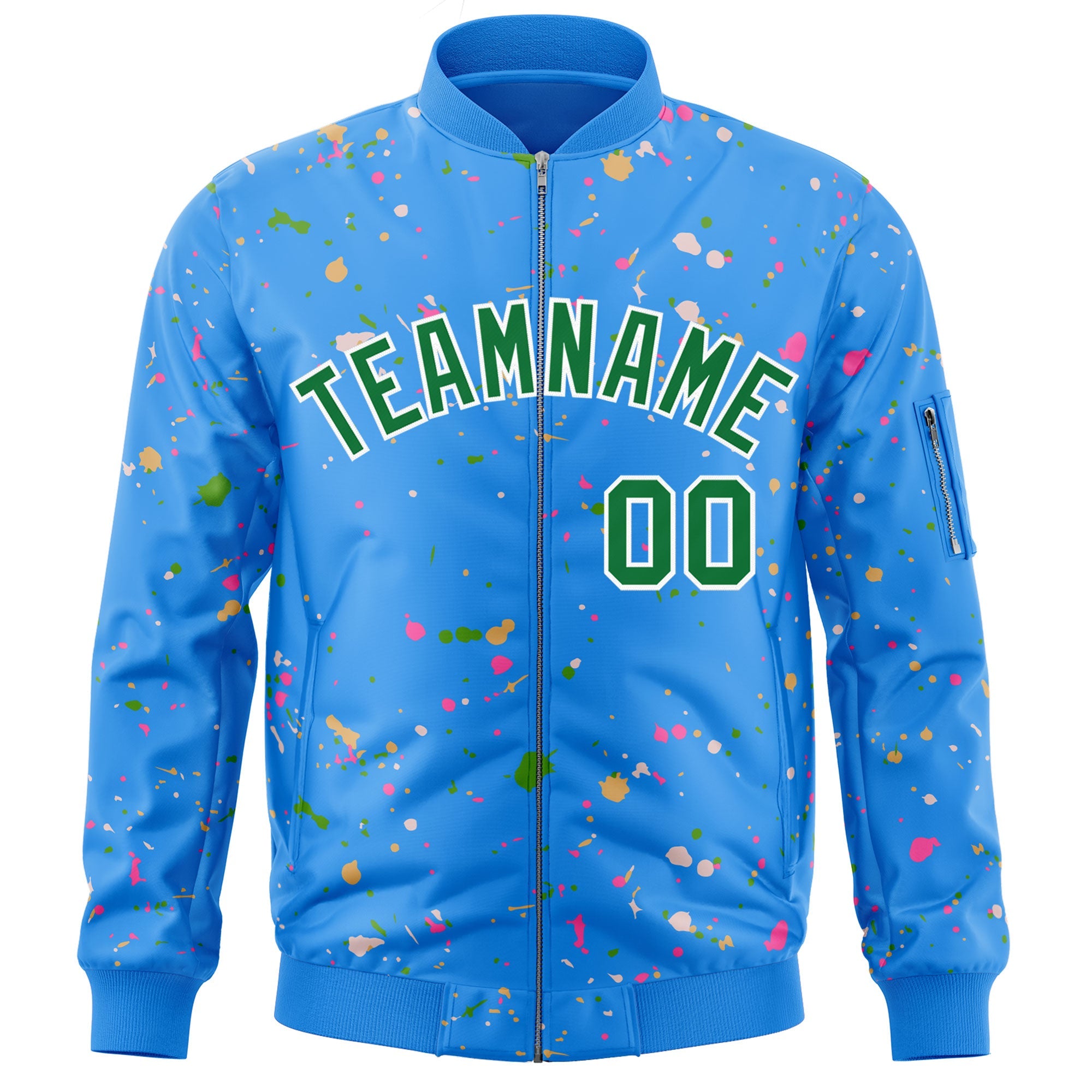 Custom Powder Blue Kelly Green-White Varsity Full-Zip Splash Graffiti Pattern Letterman Jacket