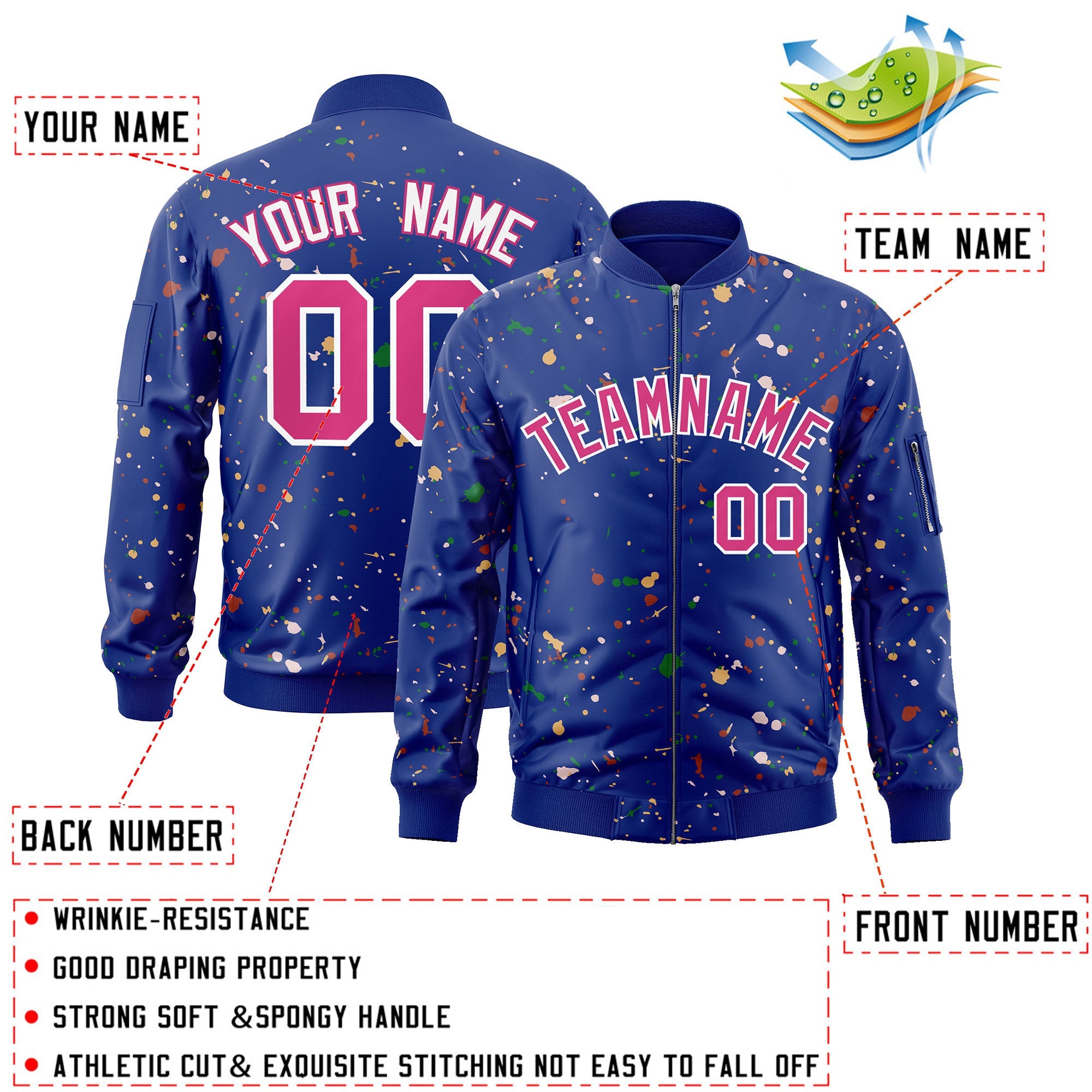 Custom Royal Pink-White Varsity Full-Zip Splash Graffiti Pattern Letterman Jacket