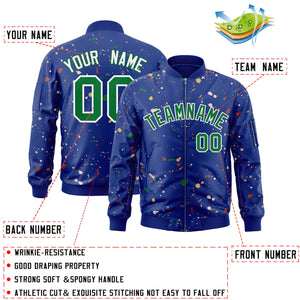 Custom Royal Kelly Green-White Varsity Full-Zip Splash Graffiti Pattern Letterman Jacket