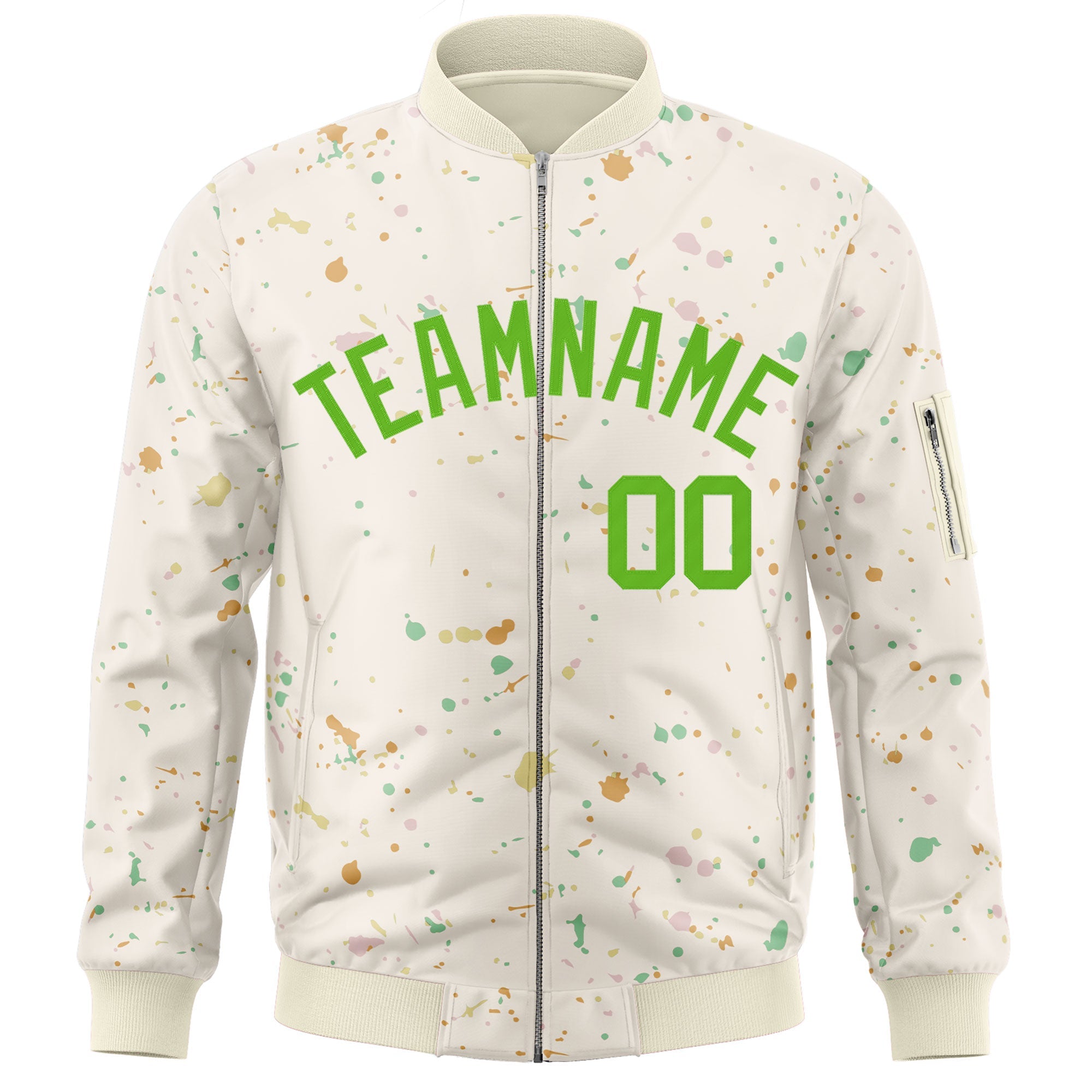 Custom Cream Green Varsity Full-Zip Splash Graffiti Pattern Letterman Jacket