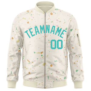 Custom Cream Aqua Varsity Full-Zip Splash Graffiti Pattern Letterman Jacket