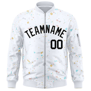 Custom White Black Varsity Full-Zip Splash Graffiti Pattern Letterman Jacket