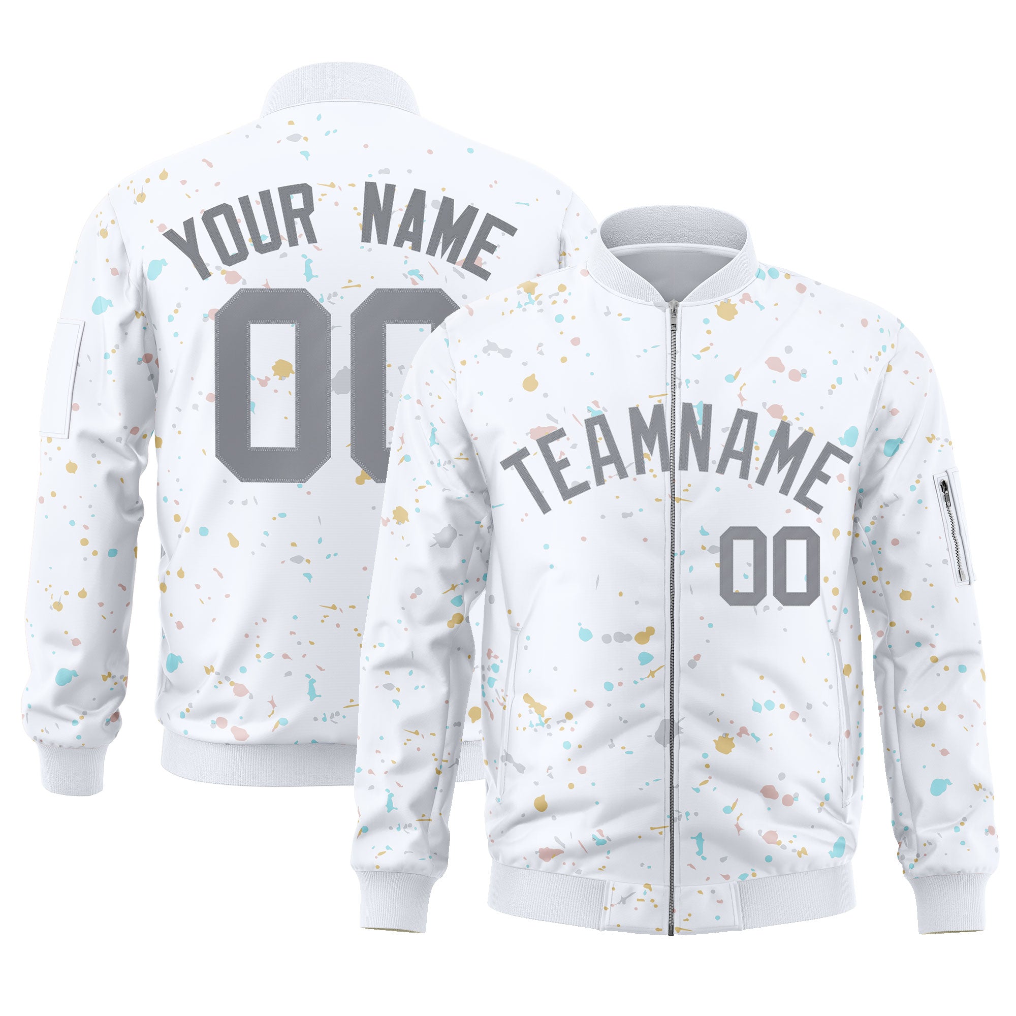 Custom White Gray Varsity Full-Zip Splash Graffiti Pattern Letterman Jacket