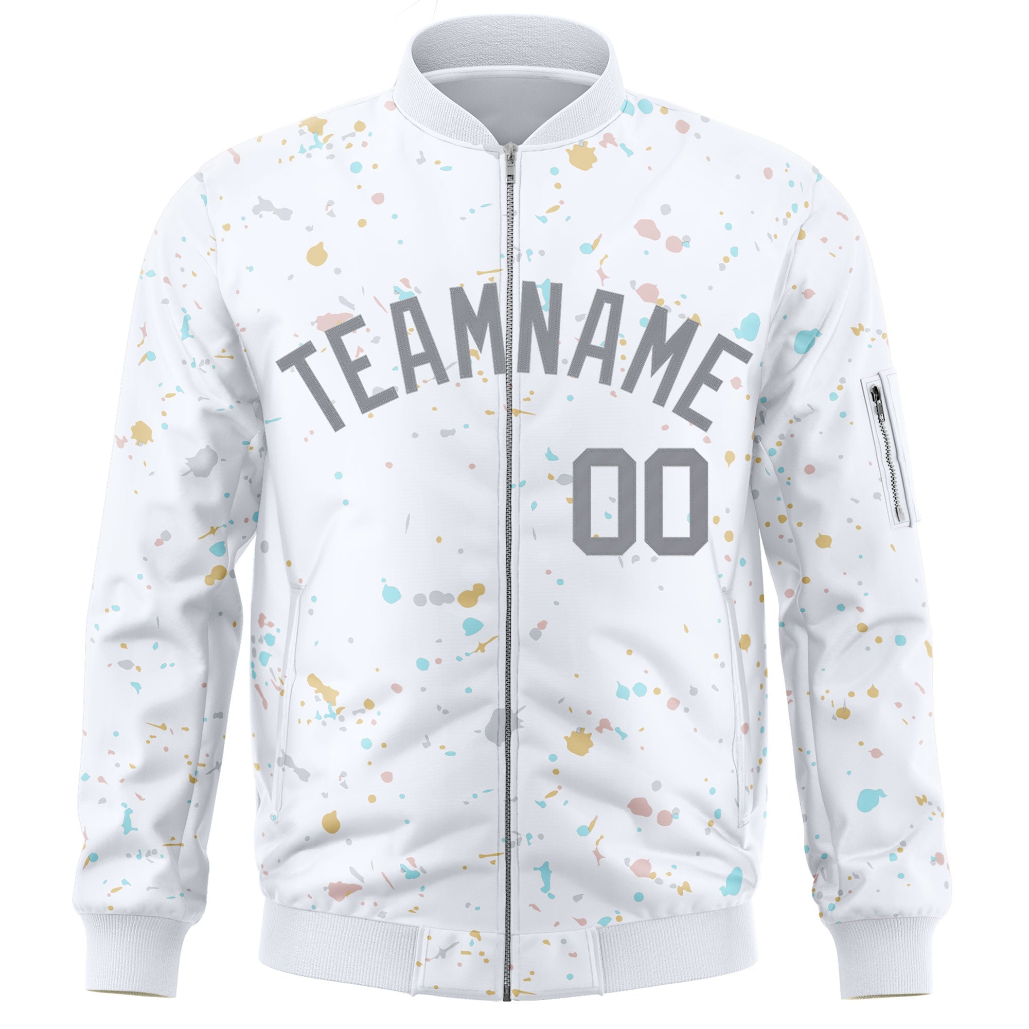 Custom White Gray Varsity Full-Zip Splash Graffiti Pattern Letterman Jacket