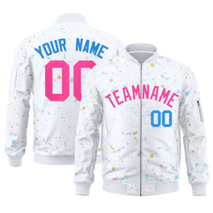 Custom White Pink Varsity Full-Zip Splash Graffiti Pattern Letterman Jacket