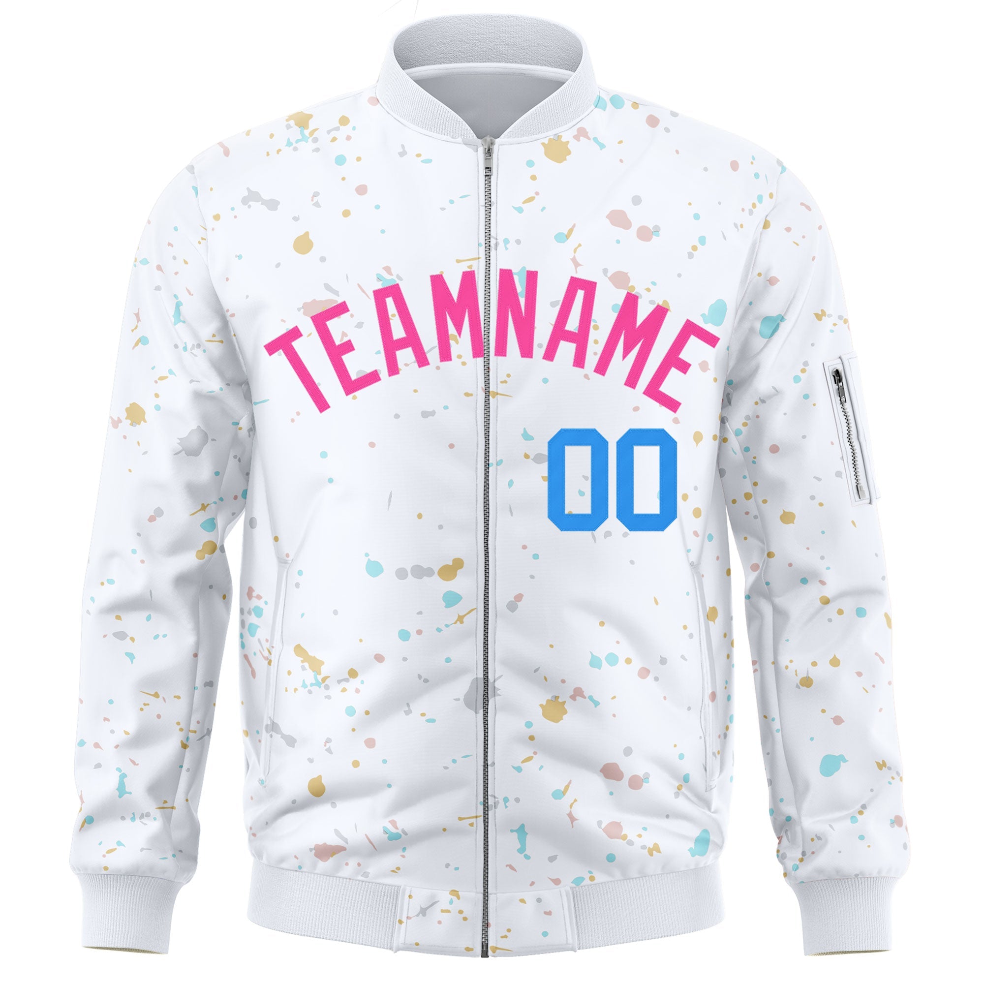 Custom White Pink Varsity Full-Zip Splash Graffiti Pattern Letterman Jacket