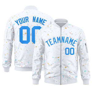 Custom White Powder Blue Varsity Full-Zip Splash Graffiti Pattern Letterman Jacket