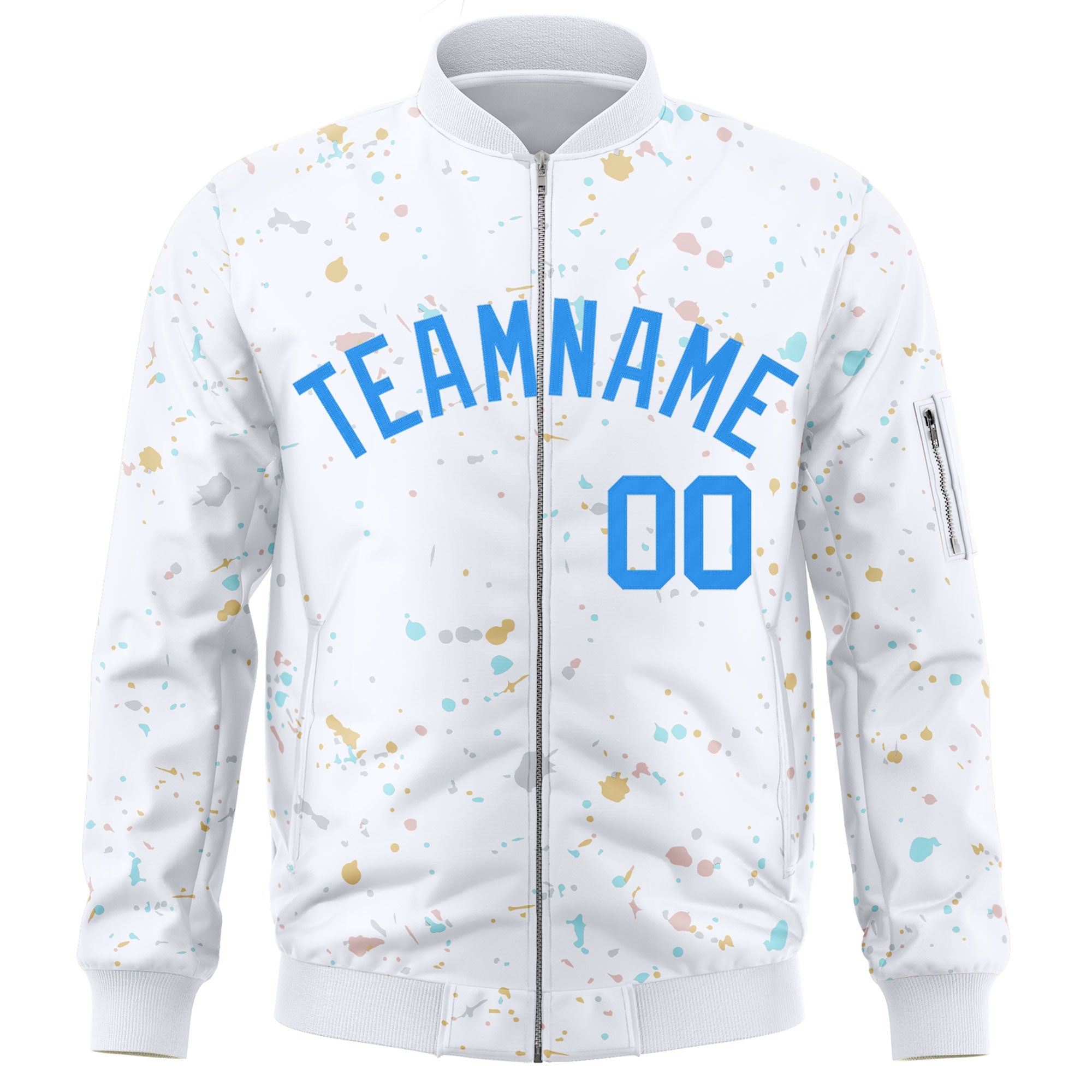 Custom White Powder Blue Varsity Full-Zip Splash Graffiti Pattern Letterman Jacket