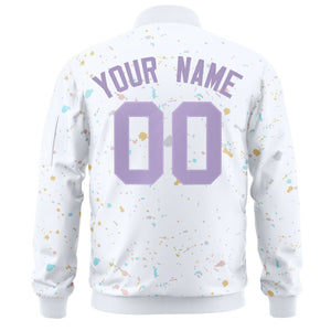 Custom White Purple Varsity Full-Zip Splash Graffiti Pattern Letterman Jacket