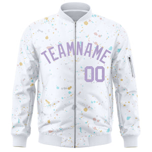 Custom White Purple Varsity Full-Zip Splash Graffiti Pattern Letterman Jacket