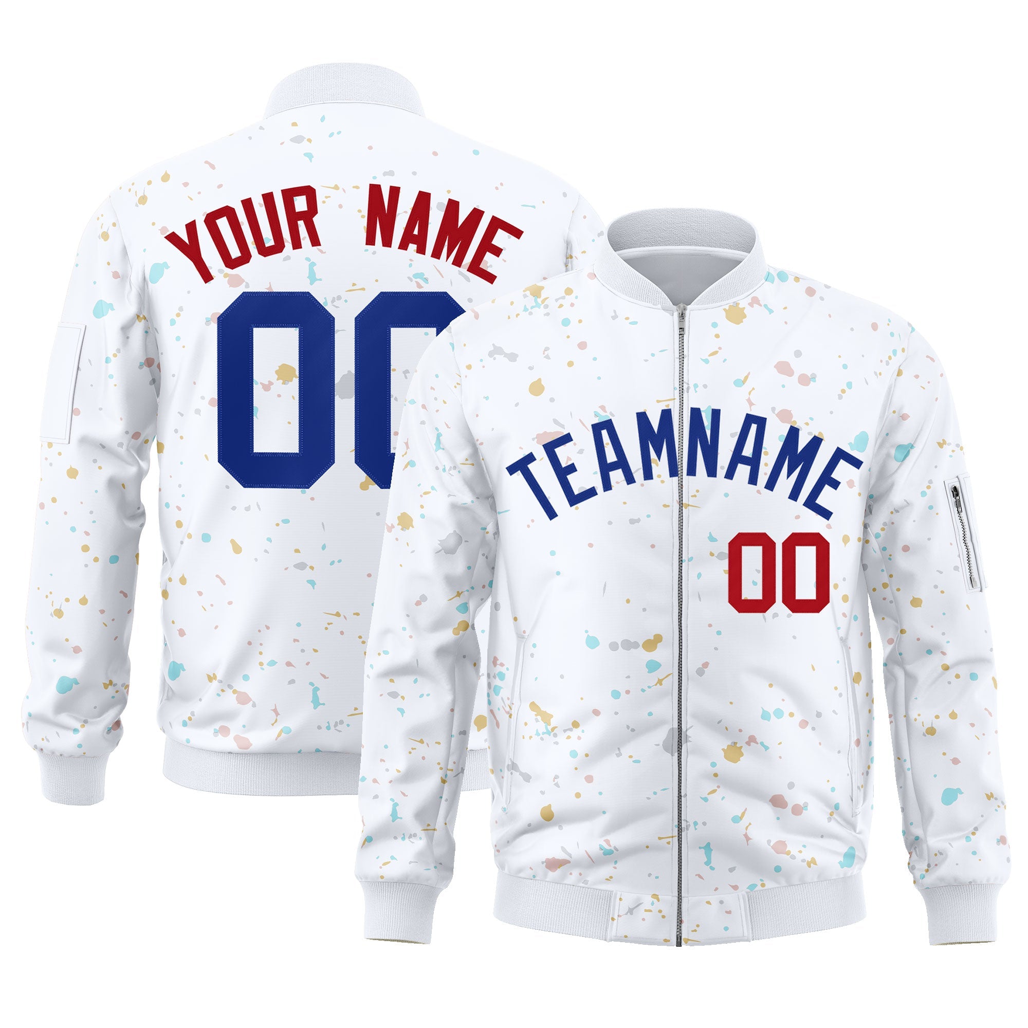 Custom White Royal Varsity Full-Zip Splash Graffiti Pattern Letterman Jacket