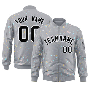 Custom Gray Black-White Varsity Full-Zip Splash Graffiti Pattern Letterman Jacket