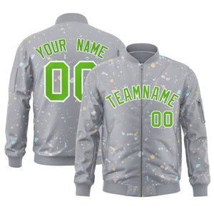 Custom Gray Green-White Varsity Full-Zip Splash Graffiti Pattern Letterman Jacket