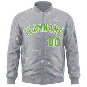 Custom Gray Green-White Varsity Full-Zip Splash Graffiti Pattern Letterman Jacket