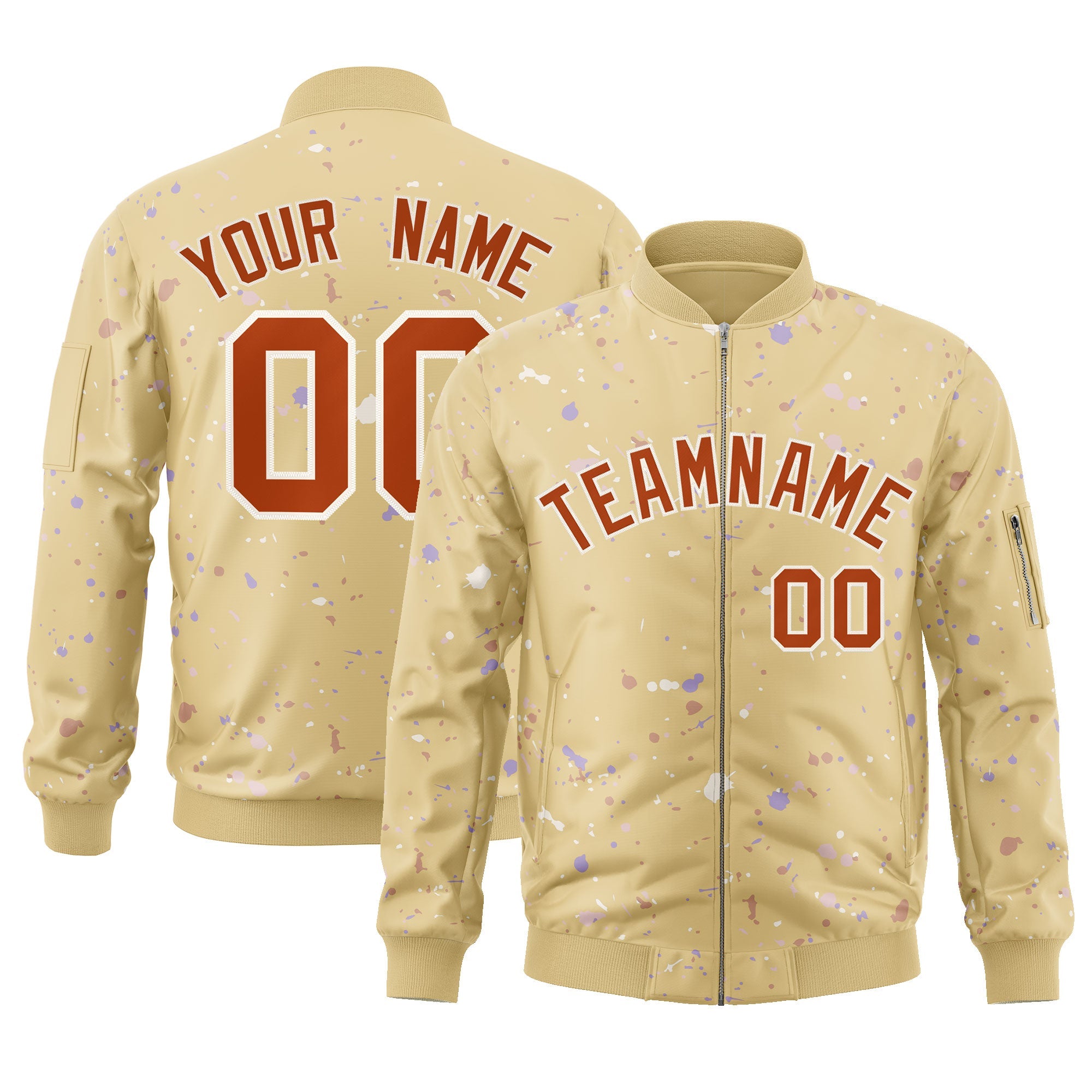 Custom Khaki Orange-White Varsity Full-Zip Splash Graffiti Pattern Letterman Jacket