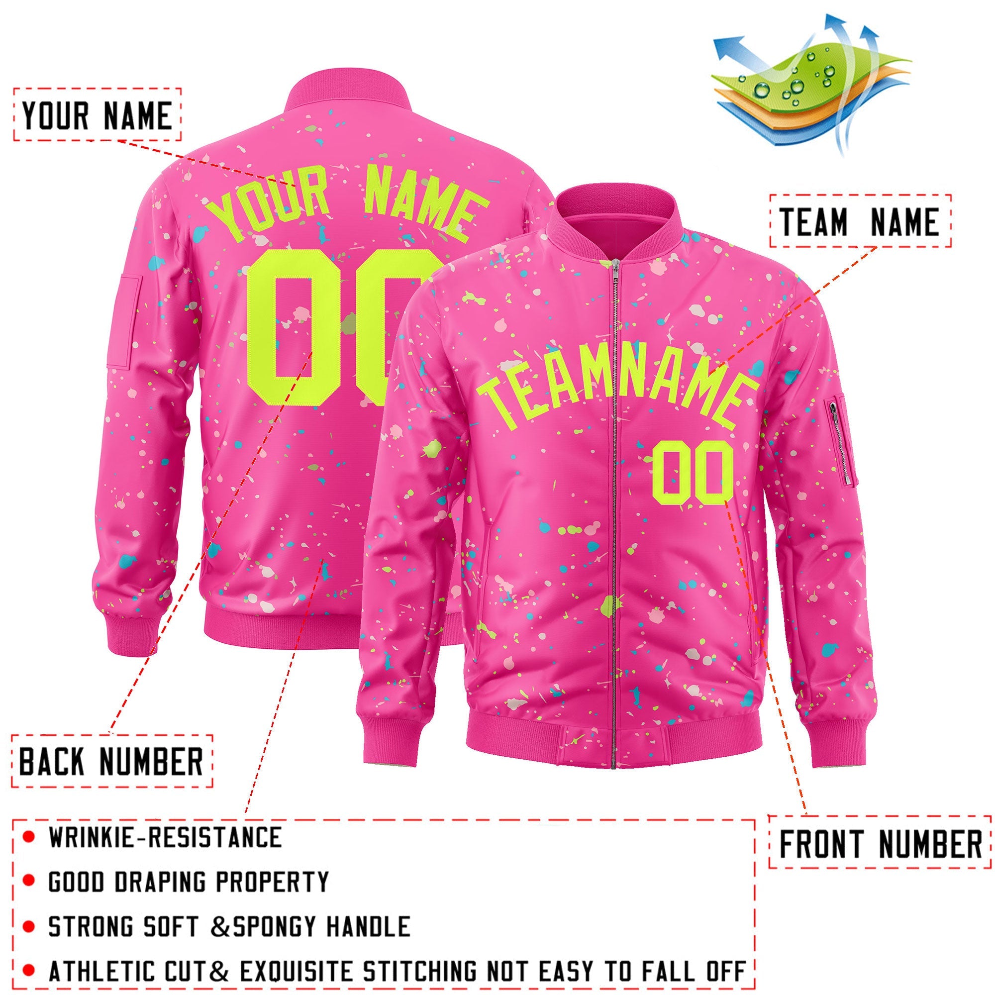 Custom Pink Neon Green Varsity Full-Zip Splash Graffiti Pattern Letterman Jacket