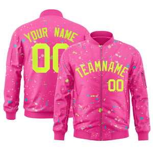 Custom Pink Neon Green Varsity Full-Zip Splash Graffiti Pattern Letterman Jacket