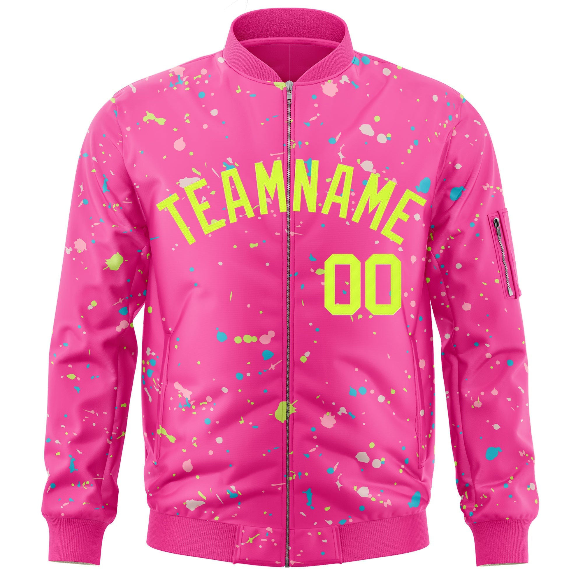 Custom Pink Neon Green Varsity Full-Zip Splash Graffiti Pattern Letterman Jacket