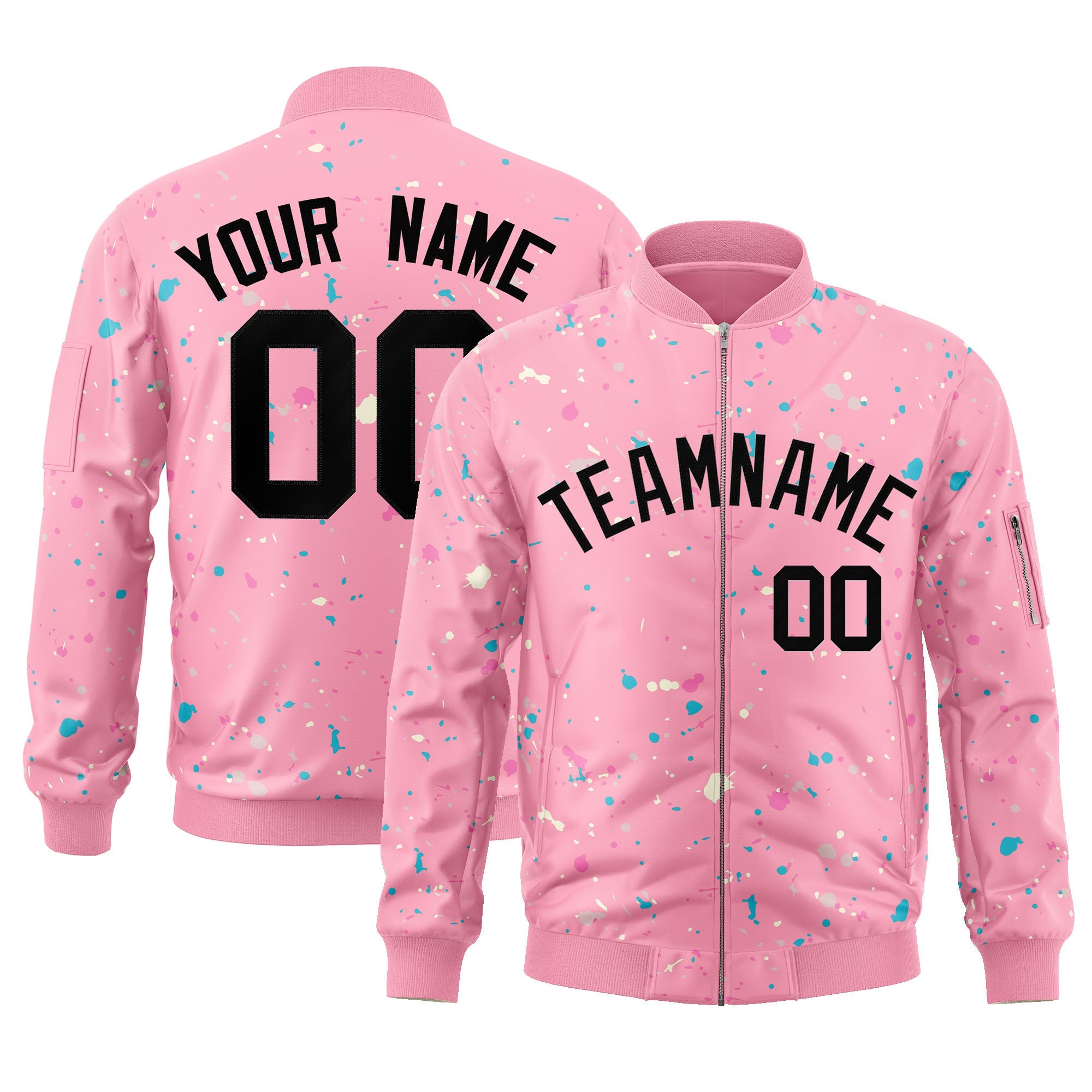 Custom Pink Black Varsity Full-Zip Splash Graffiti Pattern Letterman Jacket