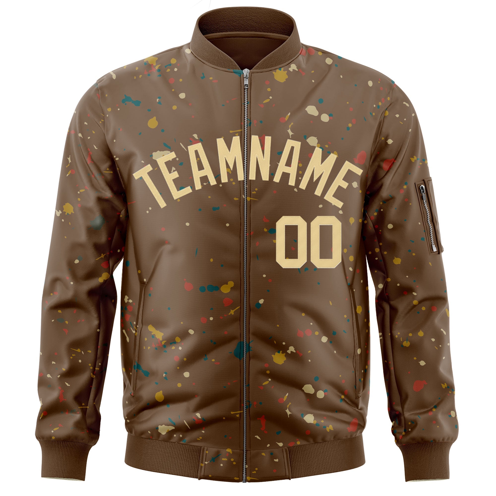 Custom Brown Khaki Varsity Full-Zip Splash Graffiti Pattern Letterman Jacket