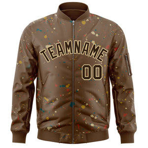 Custom Brown Khaki Varsity Full-Zip Splash Graffiti Pattern Letterman Jacket