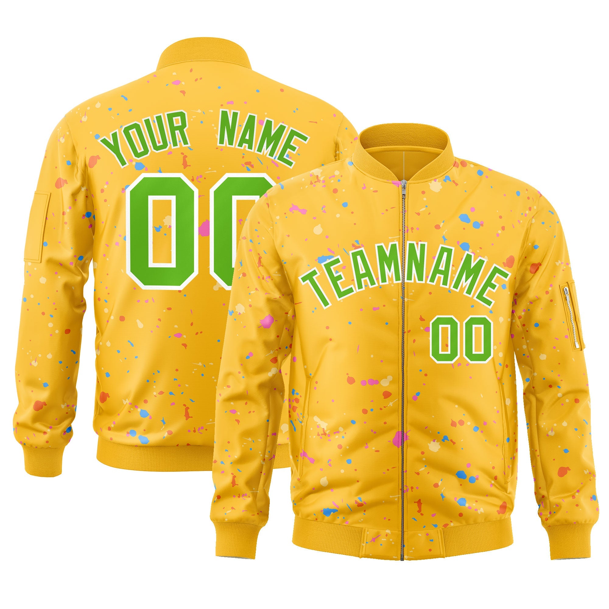 Custom Gold Green-White Varsity Full-Zip Splash Graffiti Pattern Letterman Jacket