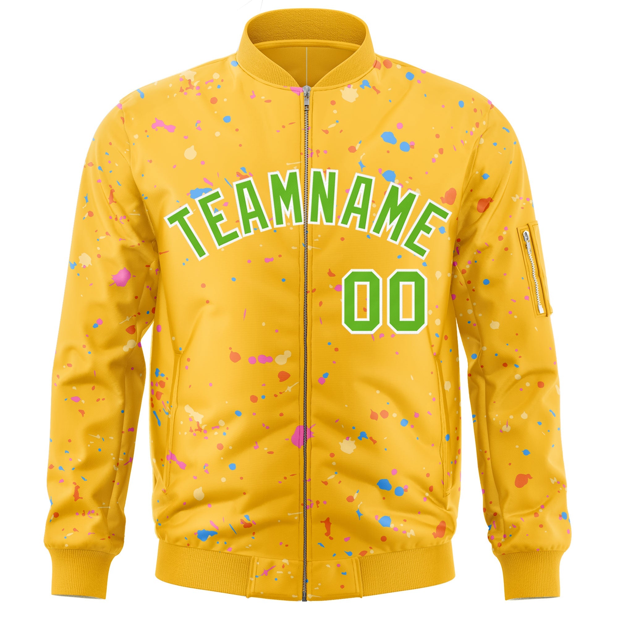 Custom Gold Green-White Varsity Full-Zip Splash Graffiti Pattern Letterman Jacket