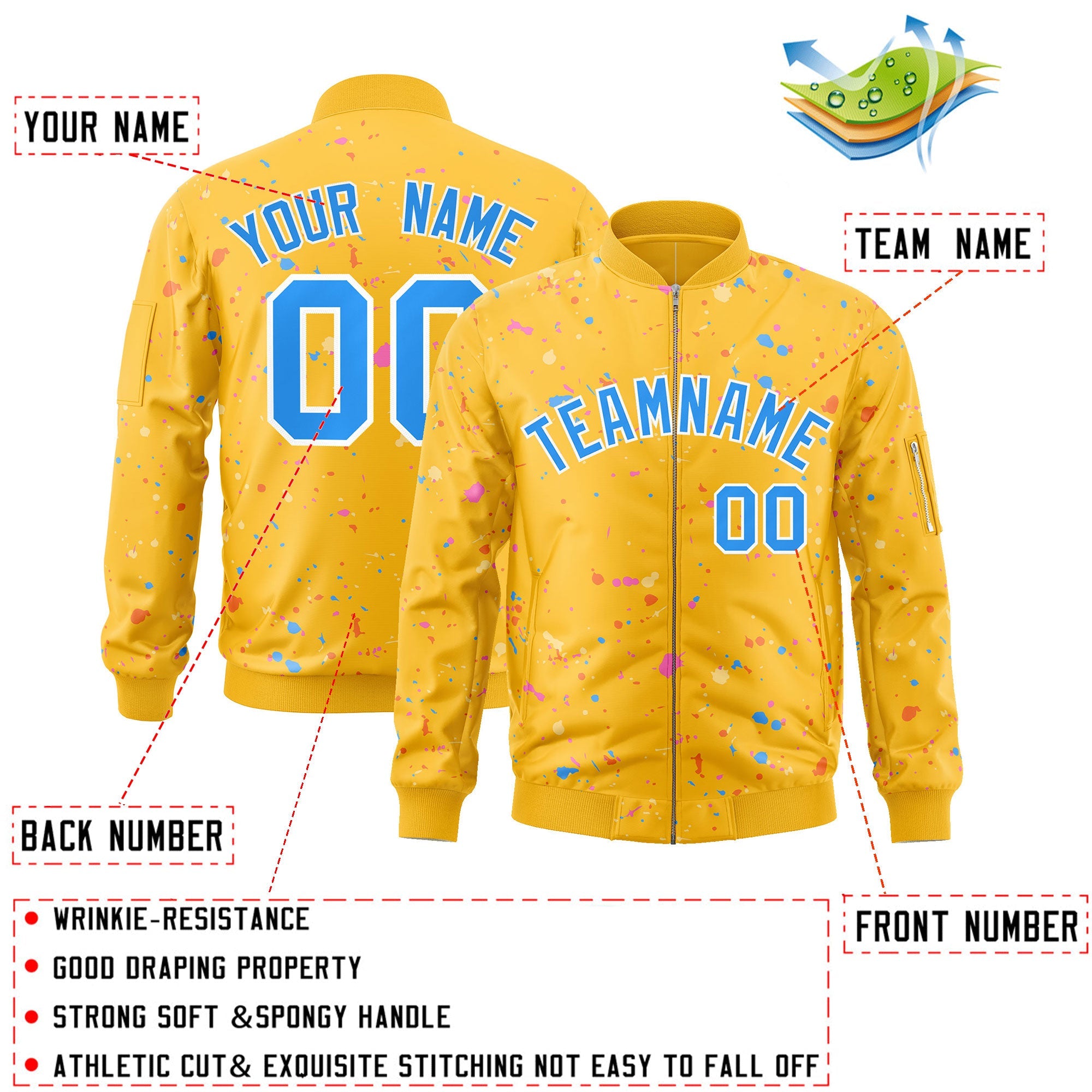 Custom Gold Powder Blue-White Varsity Full-Zip Splash Graffiti Pattern Letterman Jacket