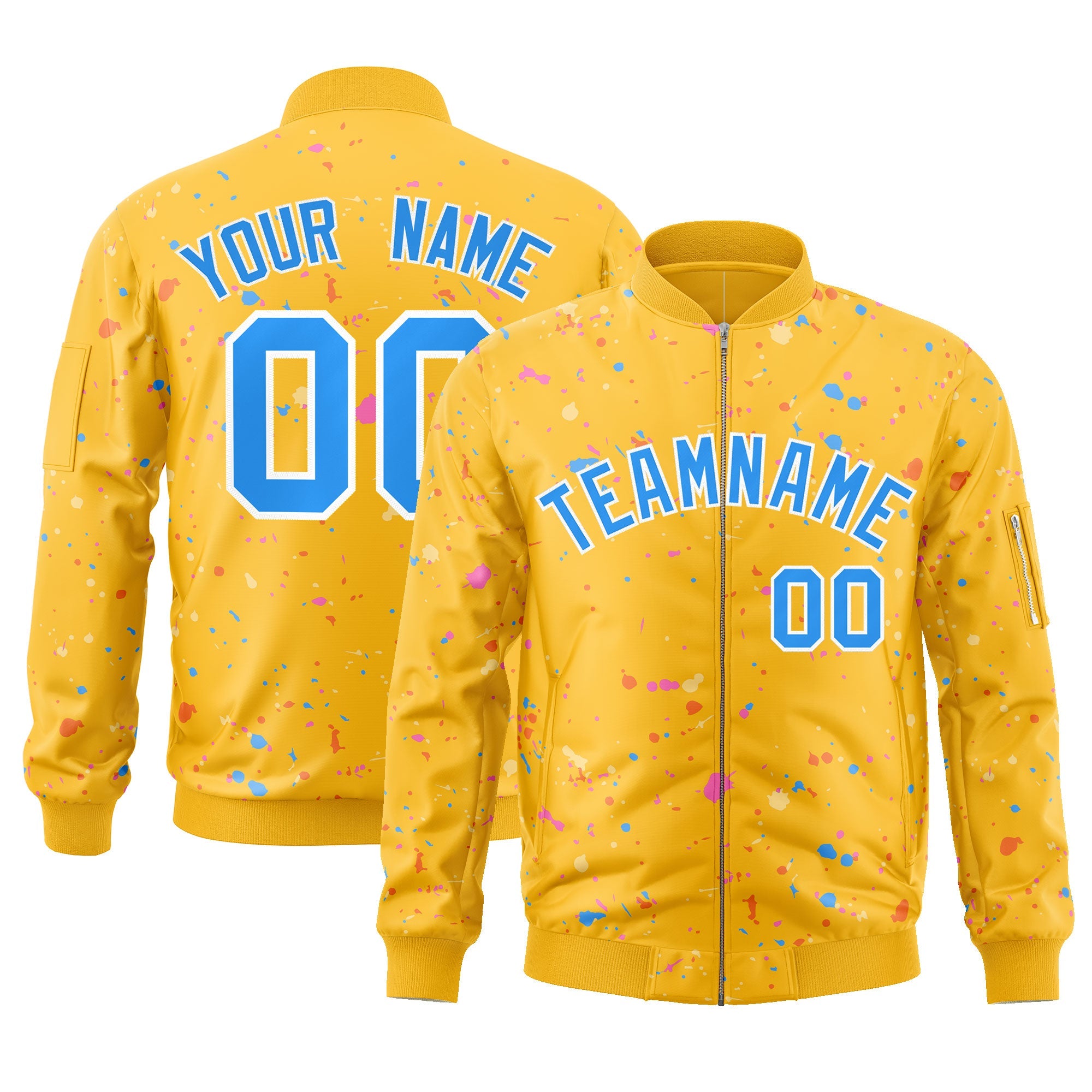 Custom Gold Powder Blue-White Varsity Full-Zip Splash Graffiti Pattern Letterman Jacket