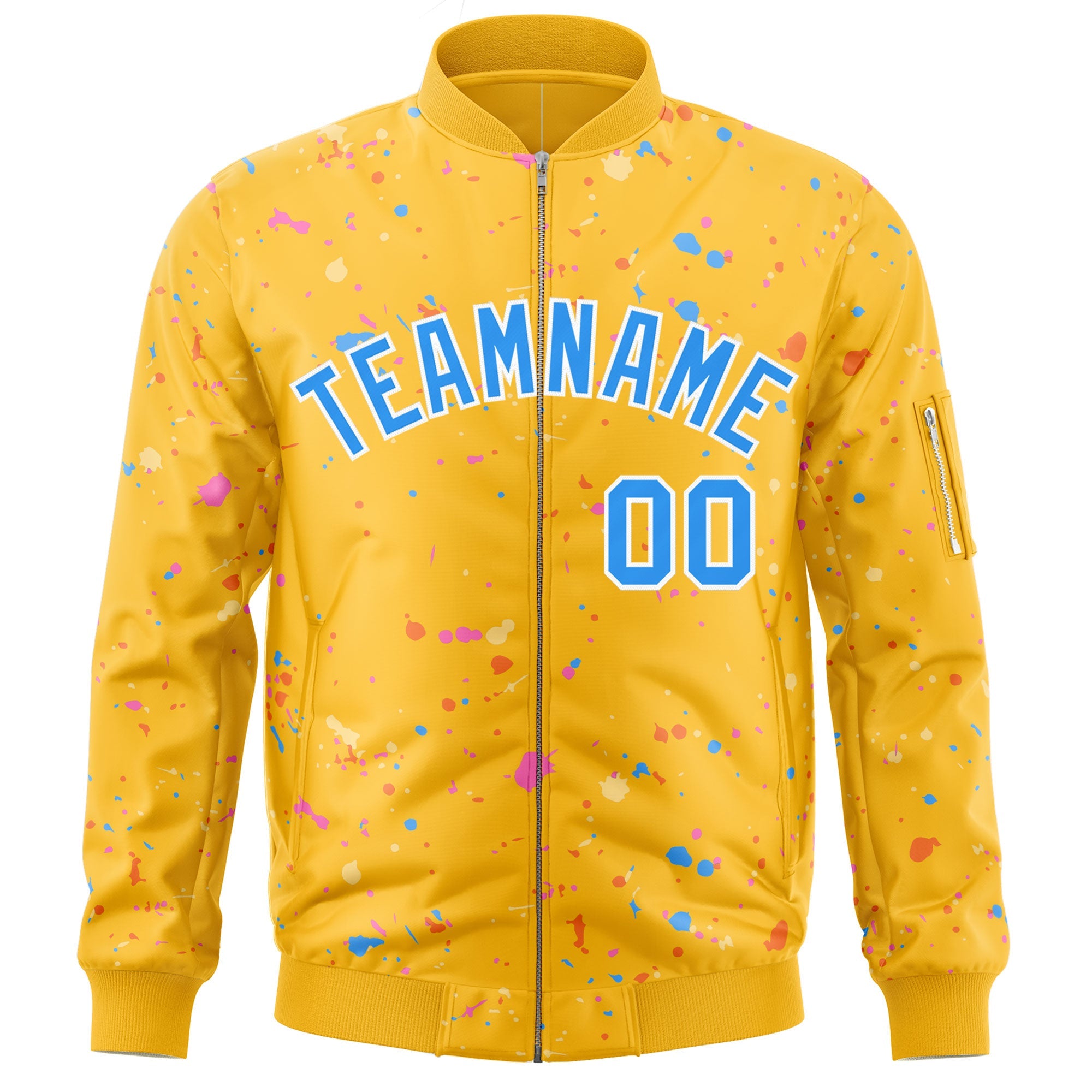 Custom Gold Powder Blue-White Varsity Full-Zip Splash Graffiti Pattern Letterman Jacket