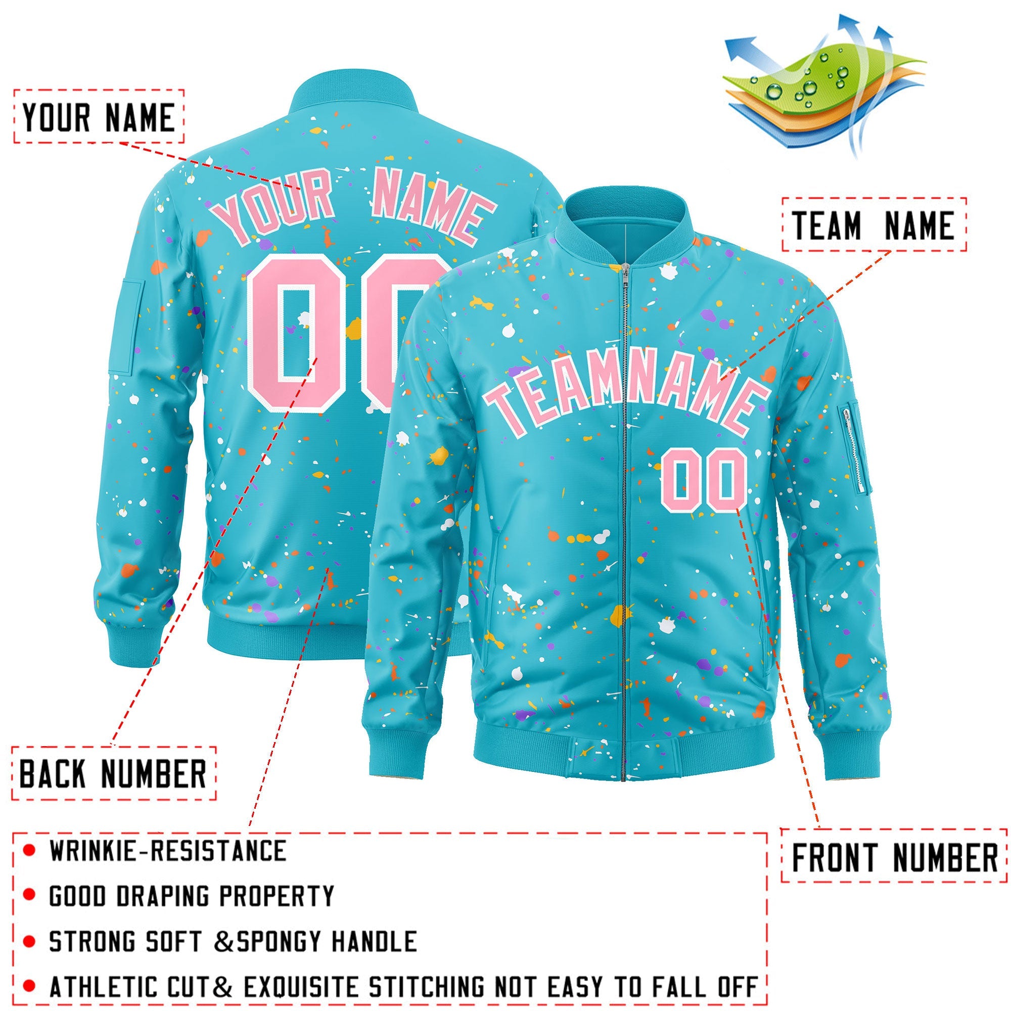 Custom Light Blue Pink-White Varsity Full-Zip Splash Graffiti Pattern Letterman Jacket