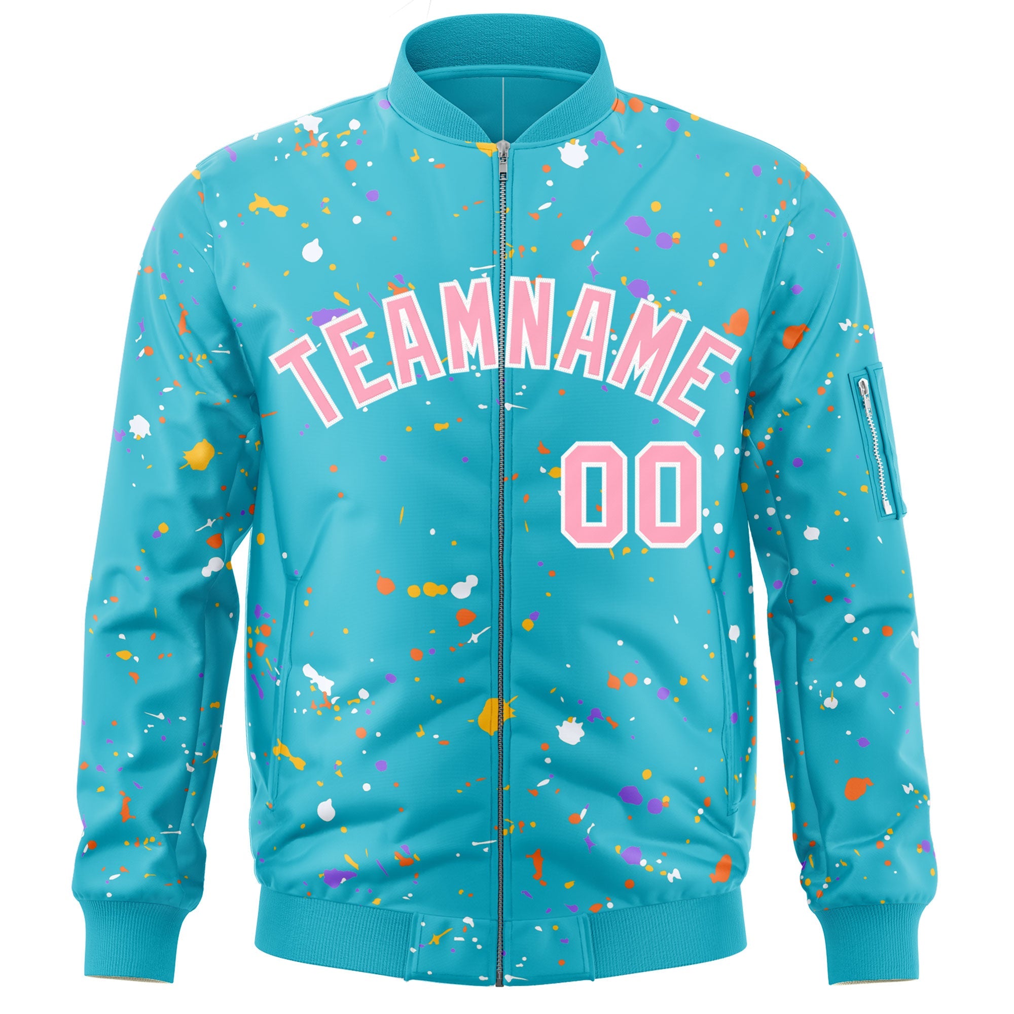 Custom Light Blue Pink-White Varsity Full-Zip Splash Graffiti Pattern Letterman Jacket