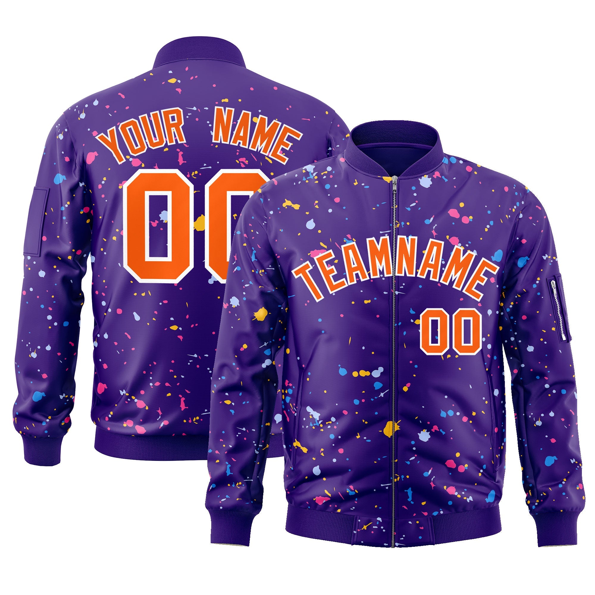 Custom Purple Orange-White Varsity Full-Zip Splash Graffiti Pattern Letterman Jacket