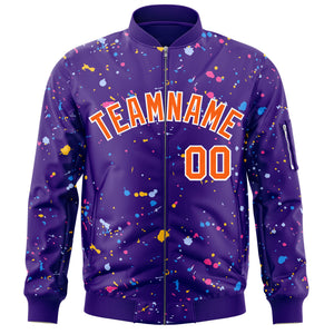 Custom Purple Orange-White Varsity Full-Zip Splash Graffiti Pattern Letterman Jacket