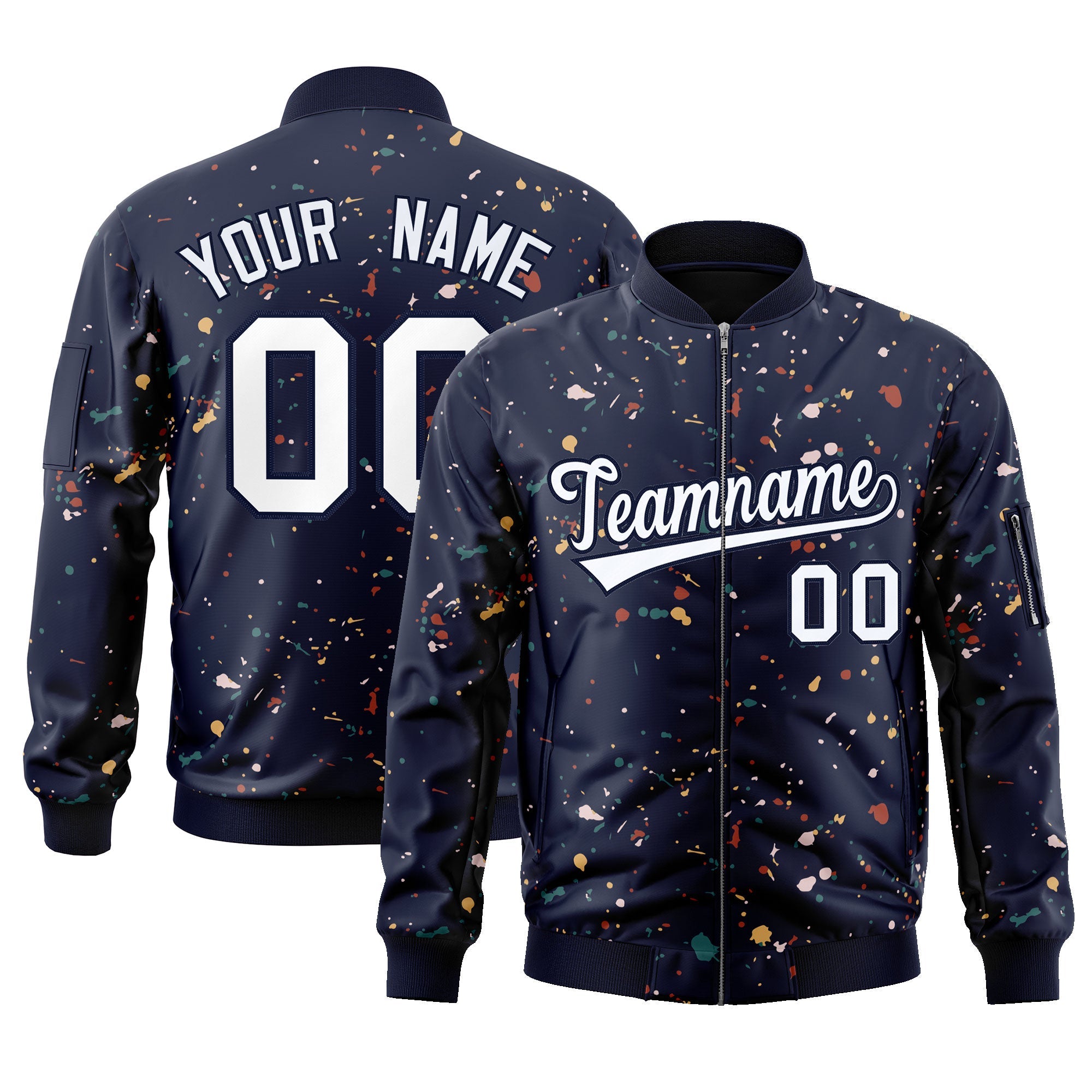 Custom Navy White Varsity Full-Zip Splash Graffiti Pattern Letterman Jacket