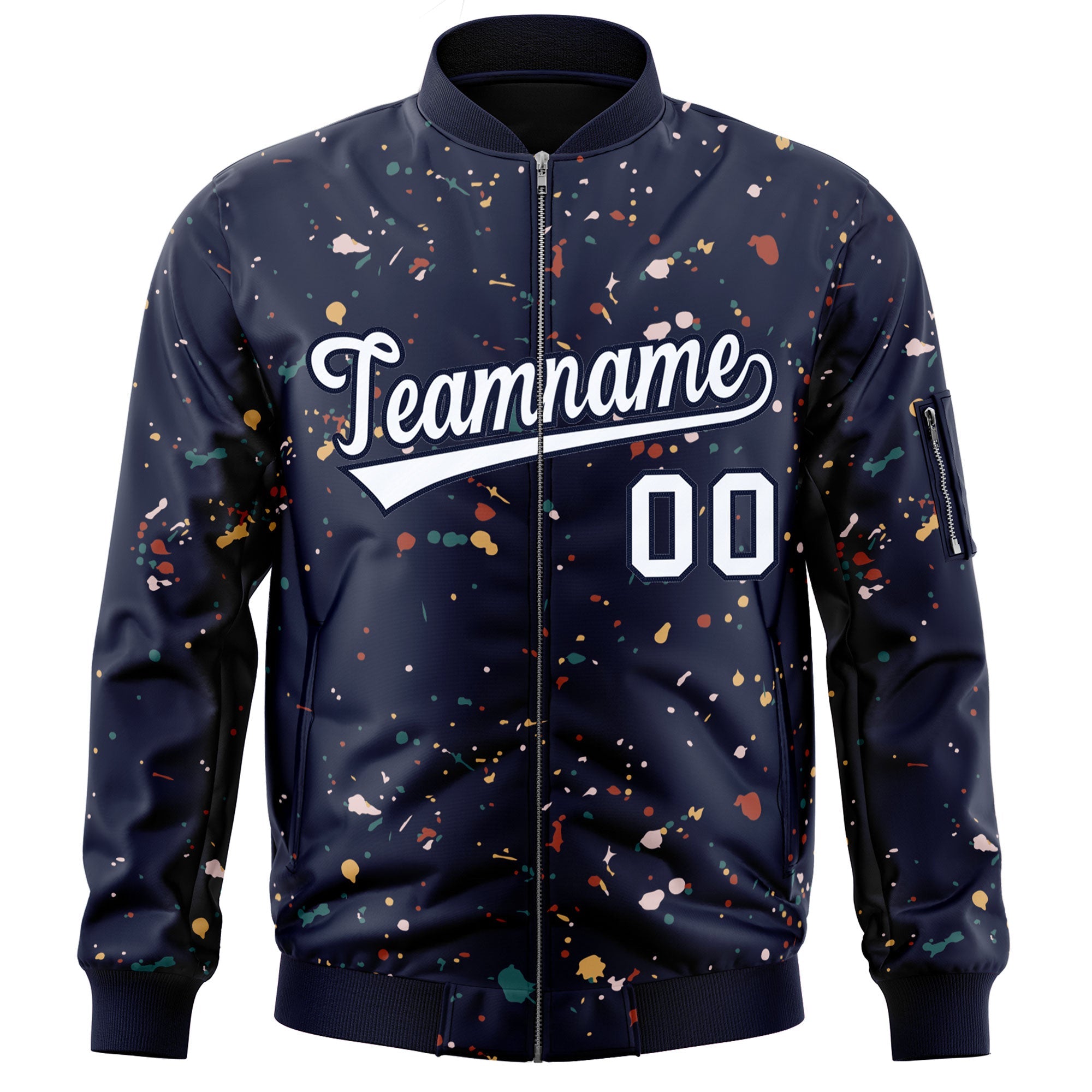 Custom Navy White Varsity Full-Zip Splash Graffiti Pattern Letterman Jacket