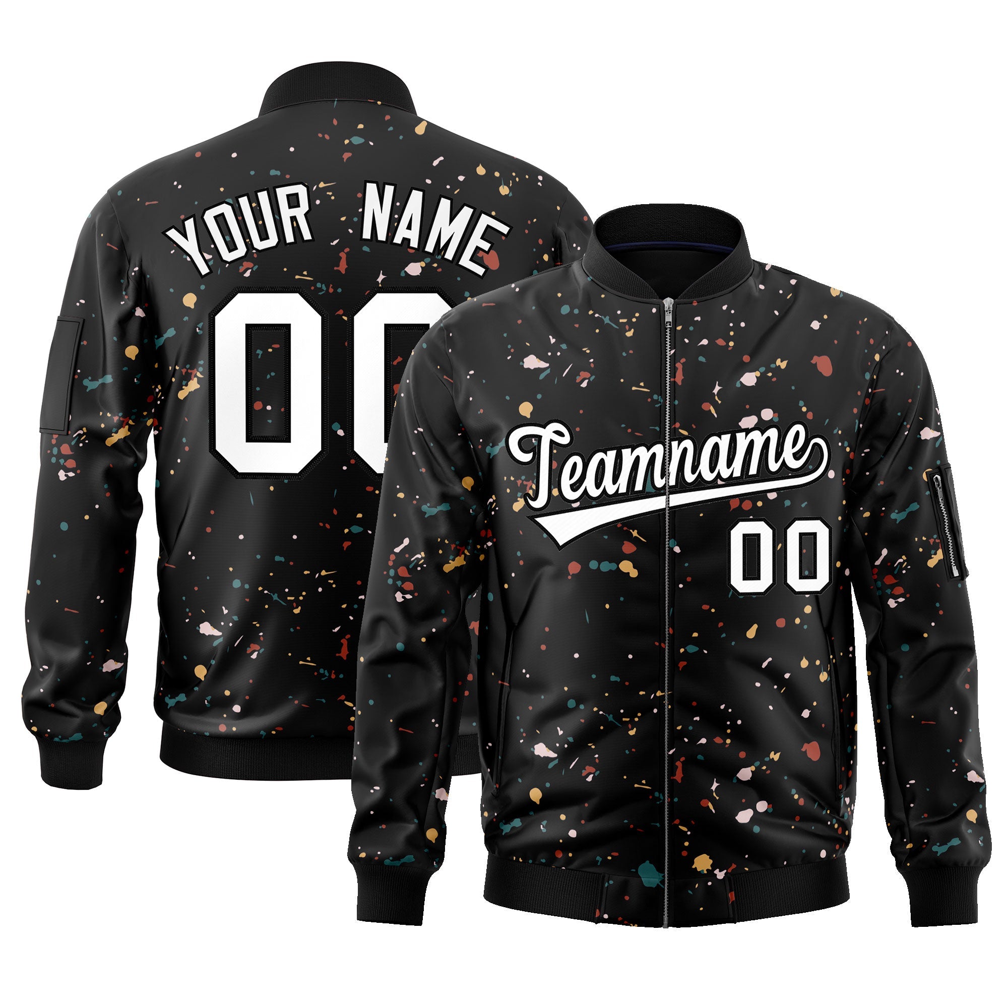 Custom Black White Varsity Full-Zip Splash Graffiti Pattern Letterman Jacket