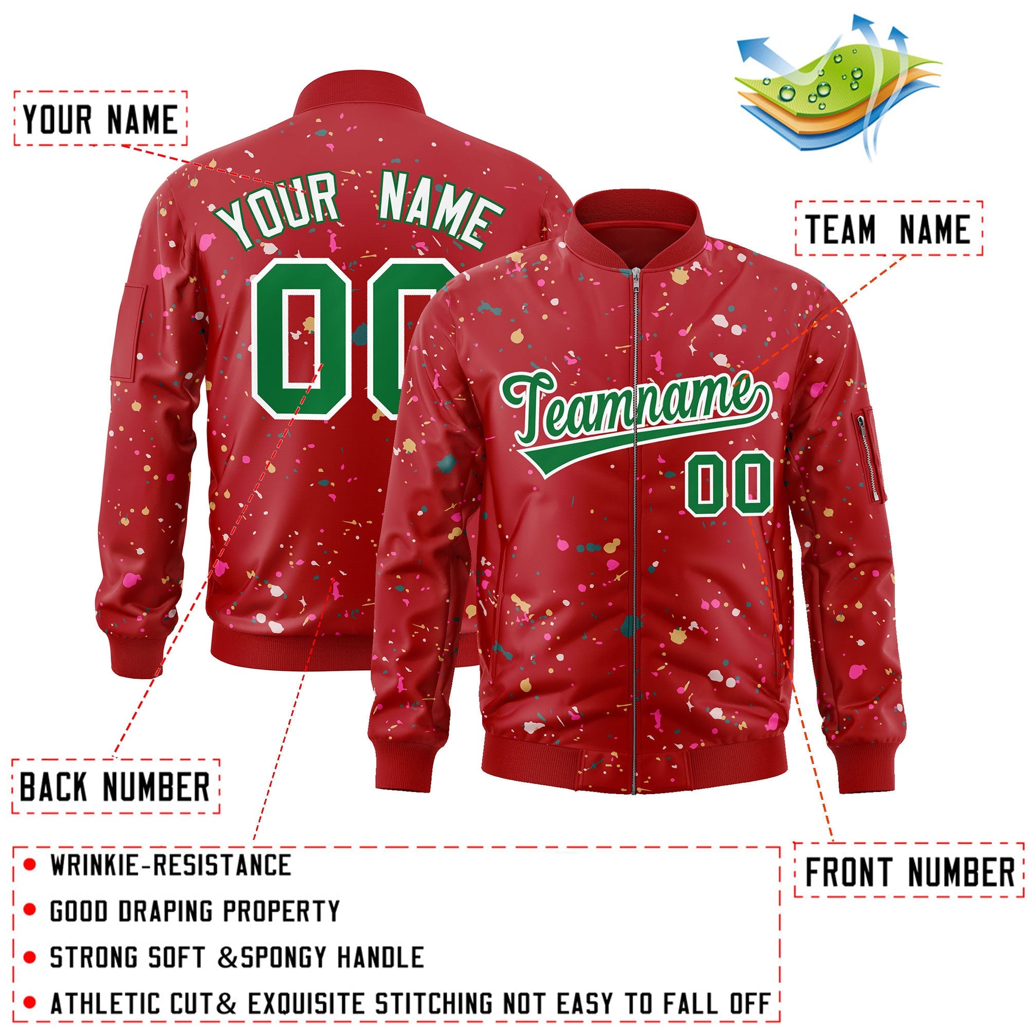 Custom Red Kelly Green Varsity Full-Zip Splash Graffiti Pattern Letterman Jacket